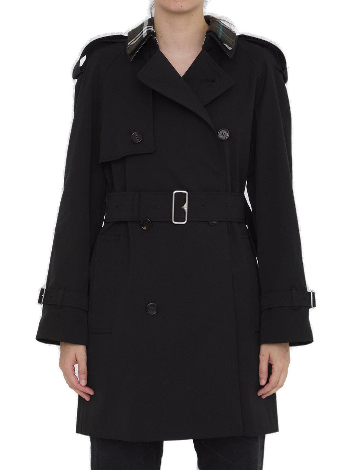 Shop Burberry Double Breasted Belted Waist Coat In Black