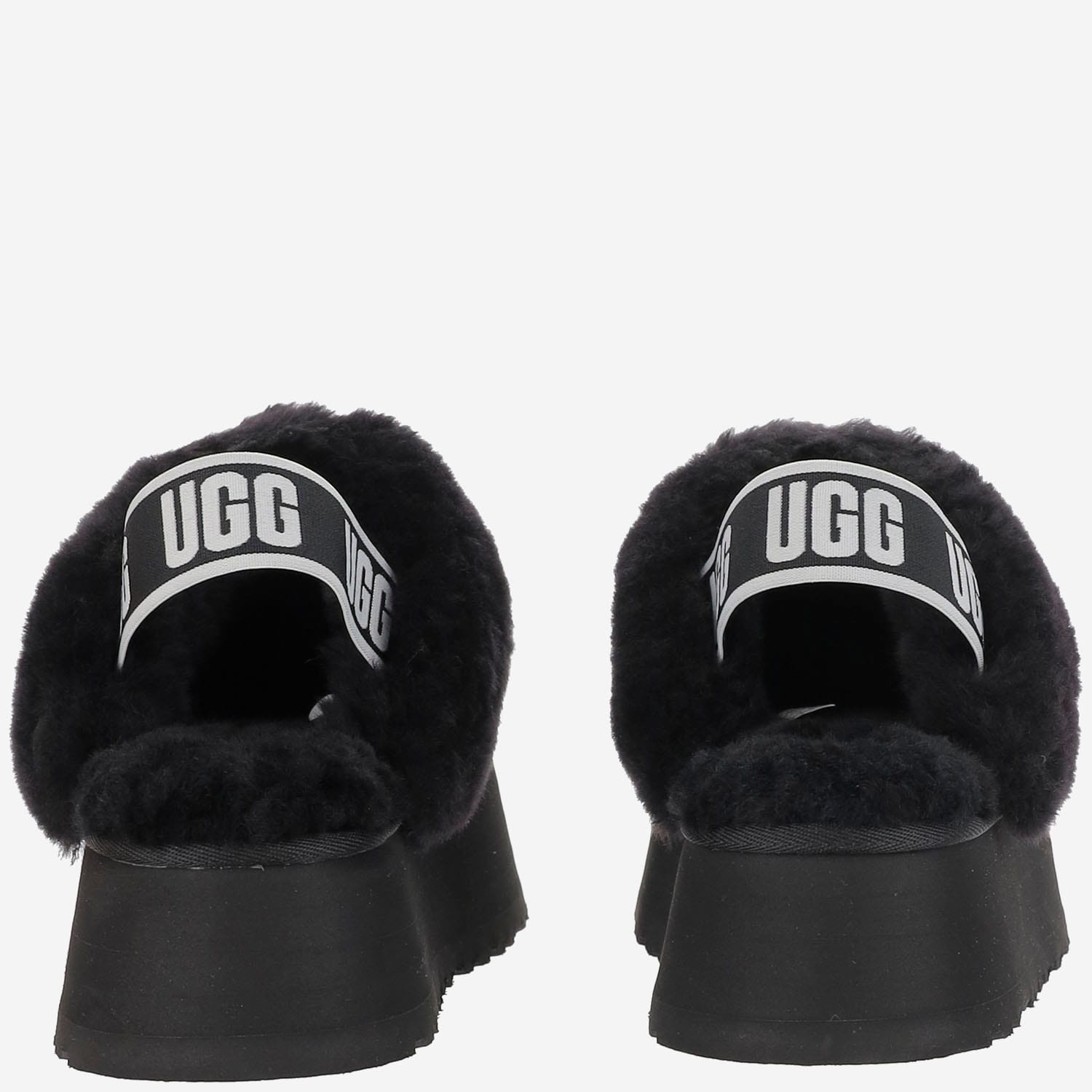 Ugg Platform Strap Mules In Black Leather With Faux Fur Trim In Black