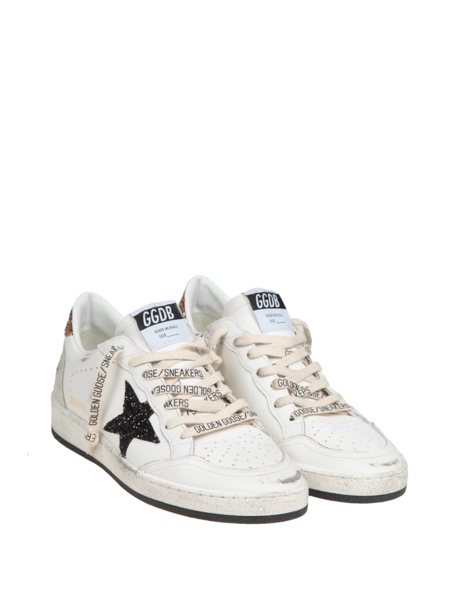 Shop Golden Goose Ballstar In White Leather With Glitter Star In White Black Gold Ice