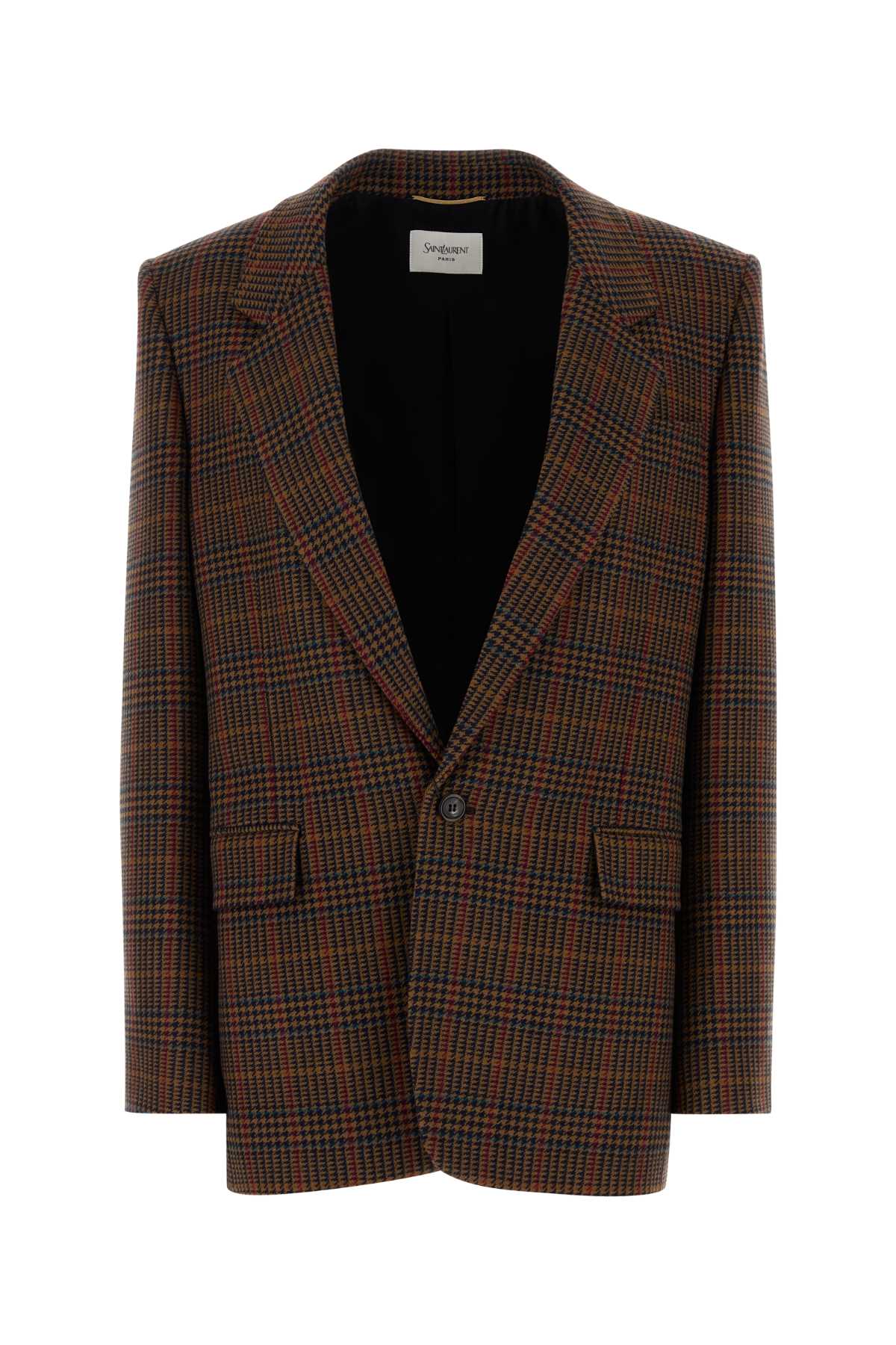 Saint Laurent Embroidered Wool Blazer In Brown