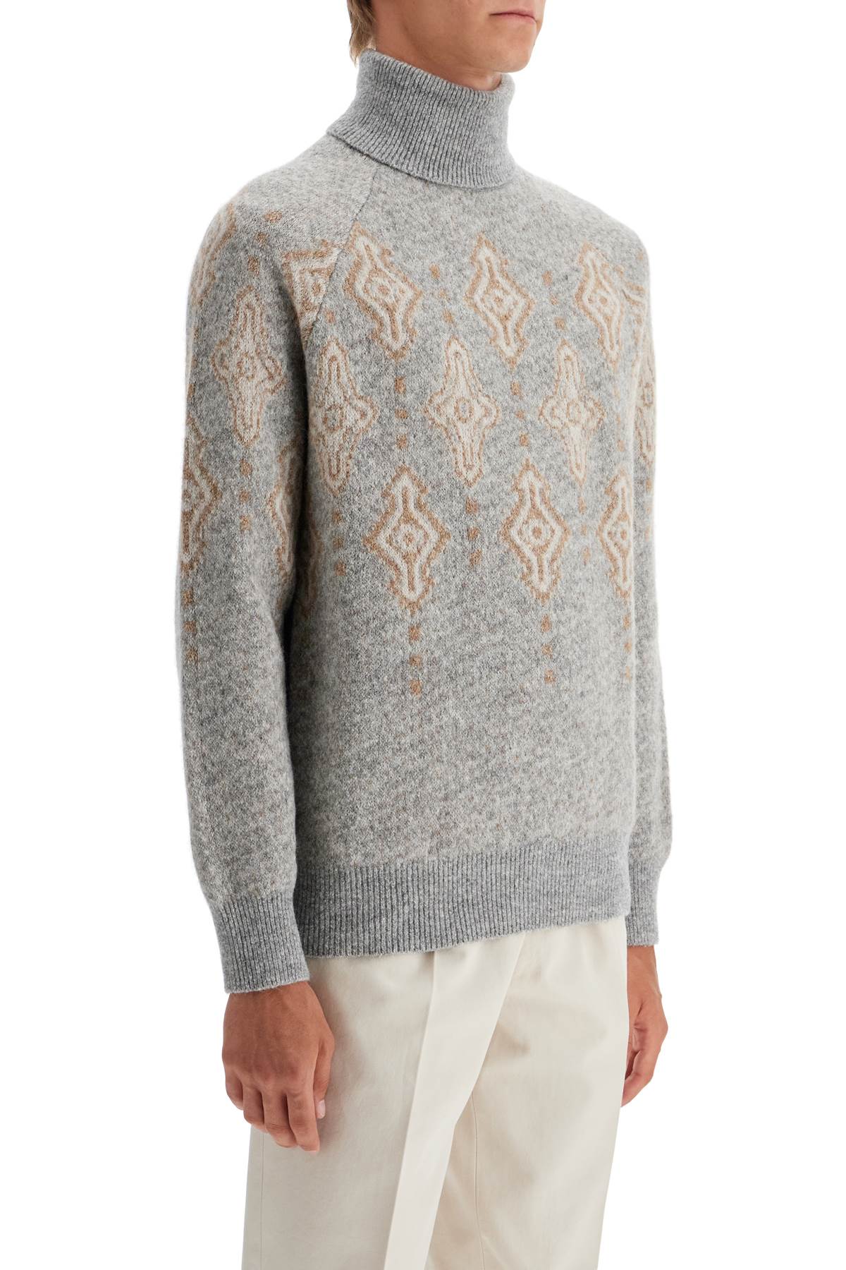 Shop Brunello Cucinelli Geometric Jacquard Turtleneck Sweater In Grigio+cammello+oyster (grey)