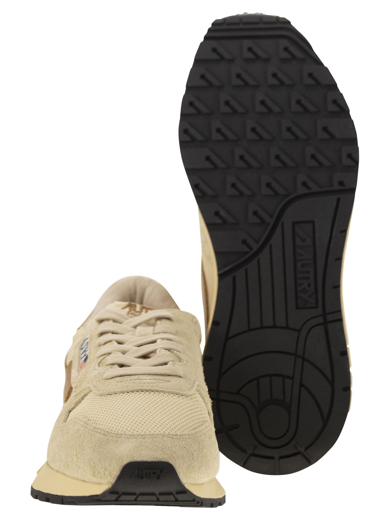 Autry Reelwind Suede And Technical Textile Trainer In Beige/brown