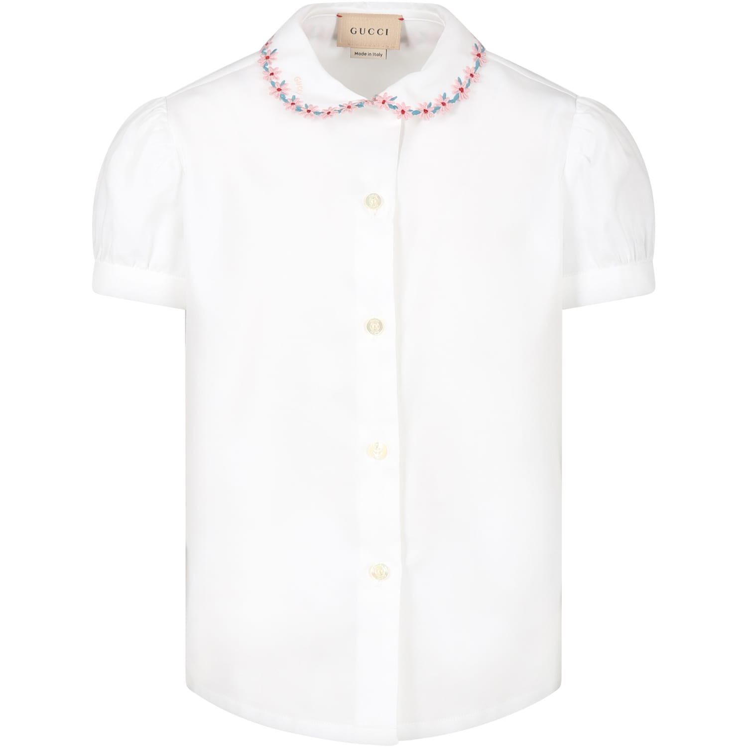 Gucci Kids' White Shirt For Girl With Embroidered Flowers And Logo