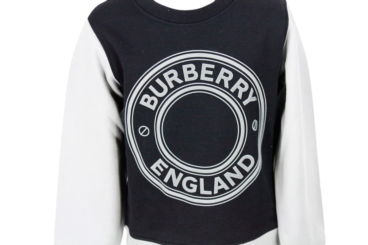 Shop Burberry Cotton Crewneck Sweatshirt With Central Rubberized Logo In Relief With Sleeves And Bottom In Contras In Black