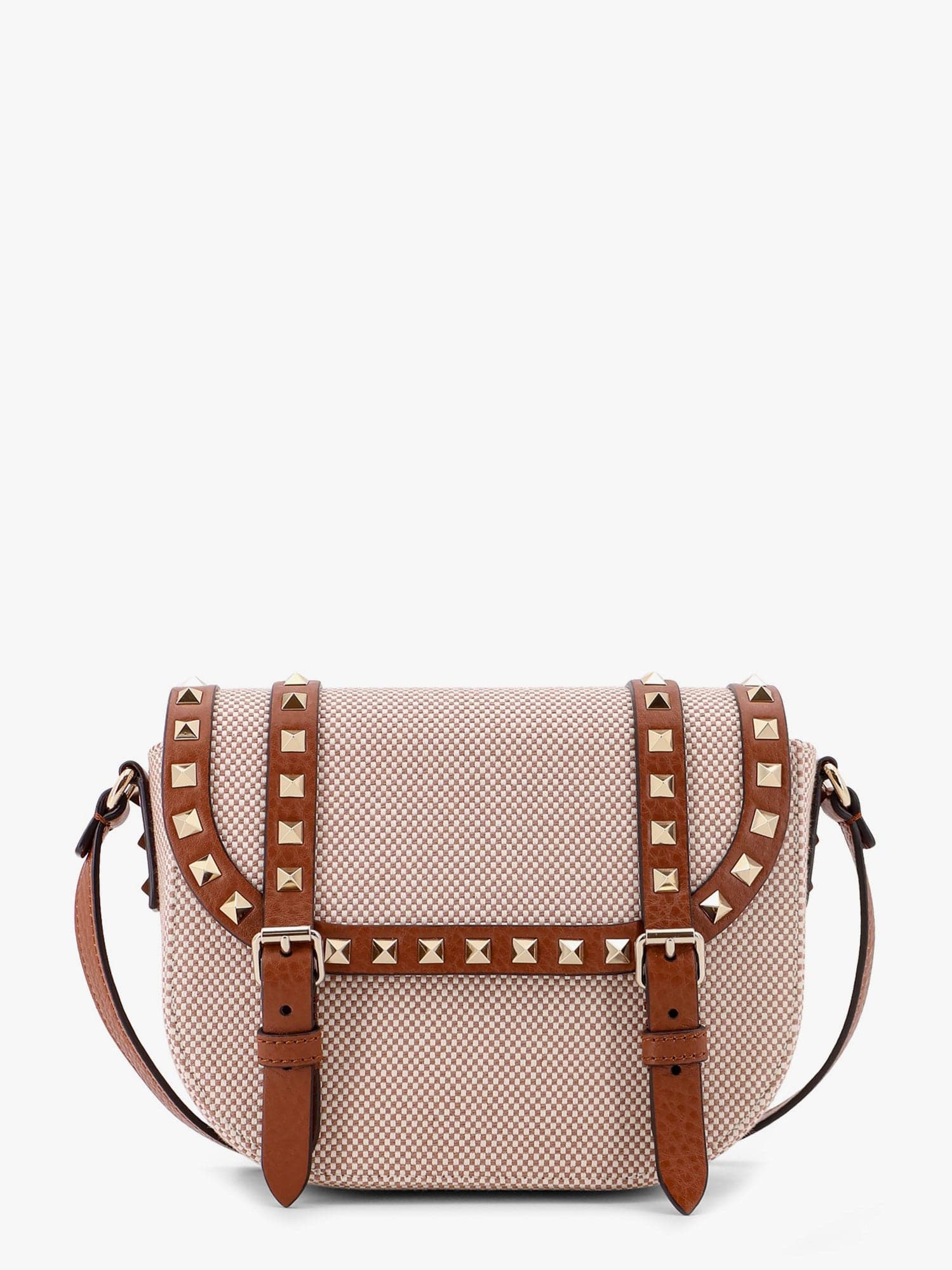 Shop Valentino Messenger Rockstud Fabric And Leather Shoulder Bag In Brown