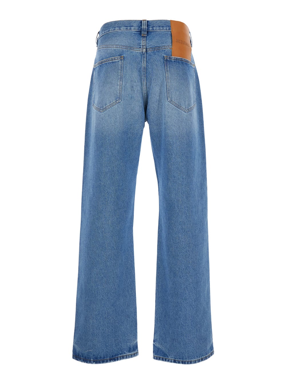 Shop Jacquemus Le De Nimes Droit Light Blue Five-pocket Jeans With Logo Patch In Cotton Denim Man