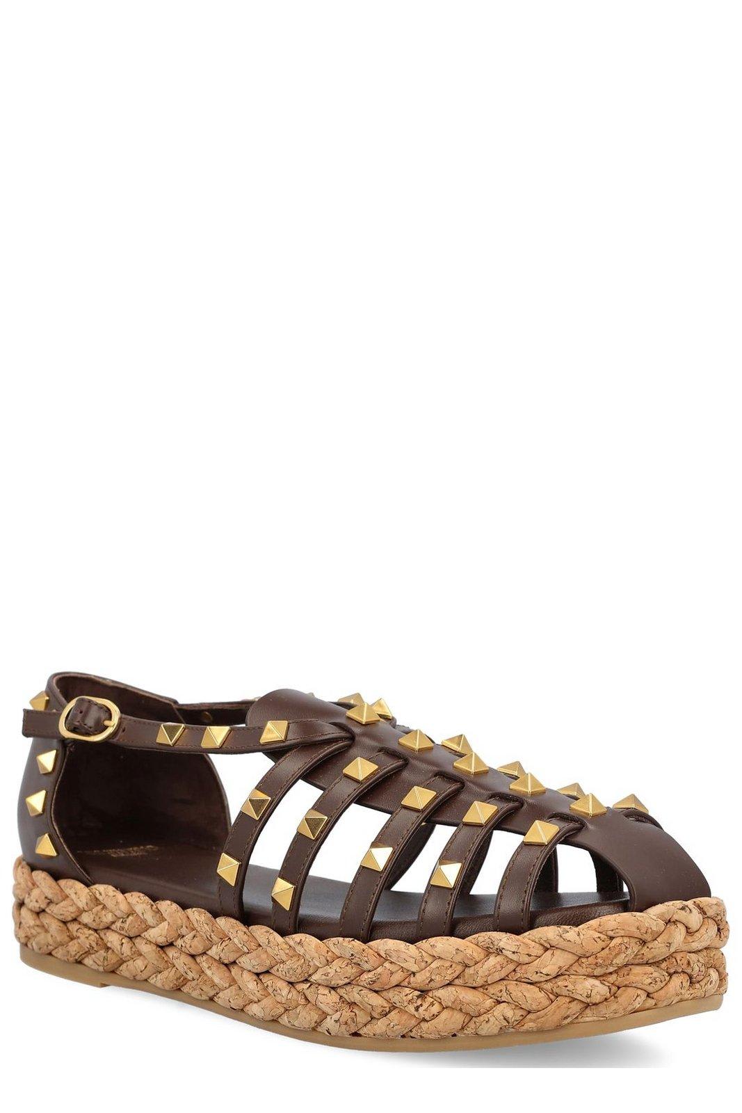 Valentino Garavani Rockstud Buckle Detailed Flat Shoes In Brown
