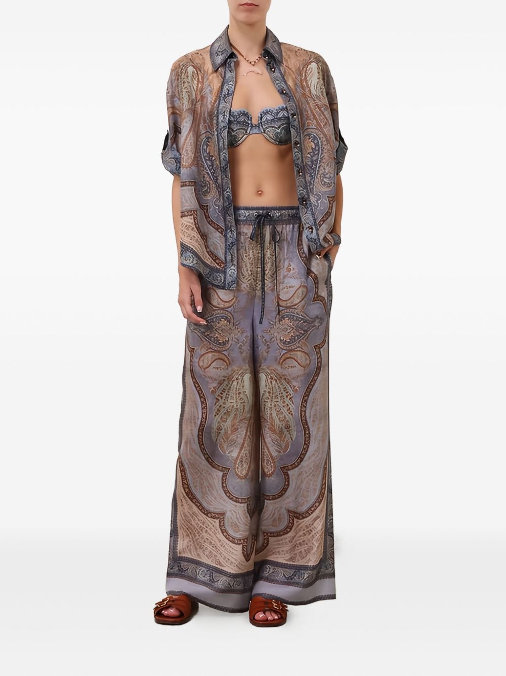 Zimmermann Wanderlust Paisley Relaxed Wide Leg Habutai Silk Drawstring Pants In Blue