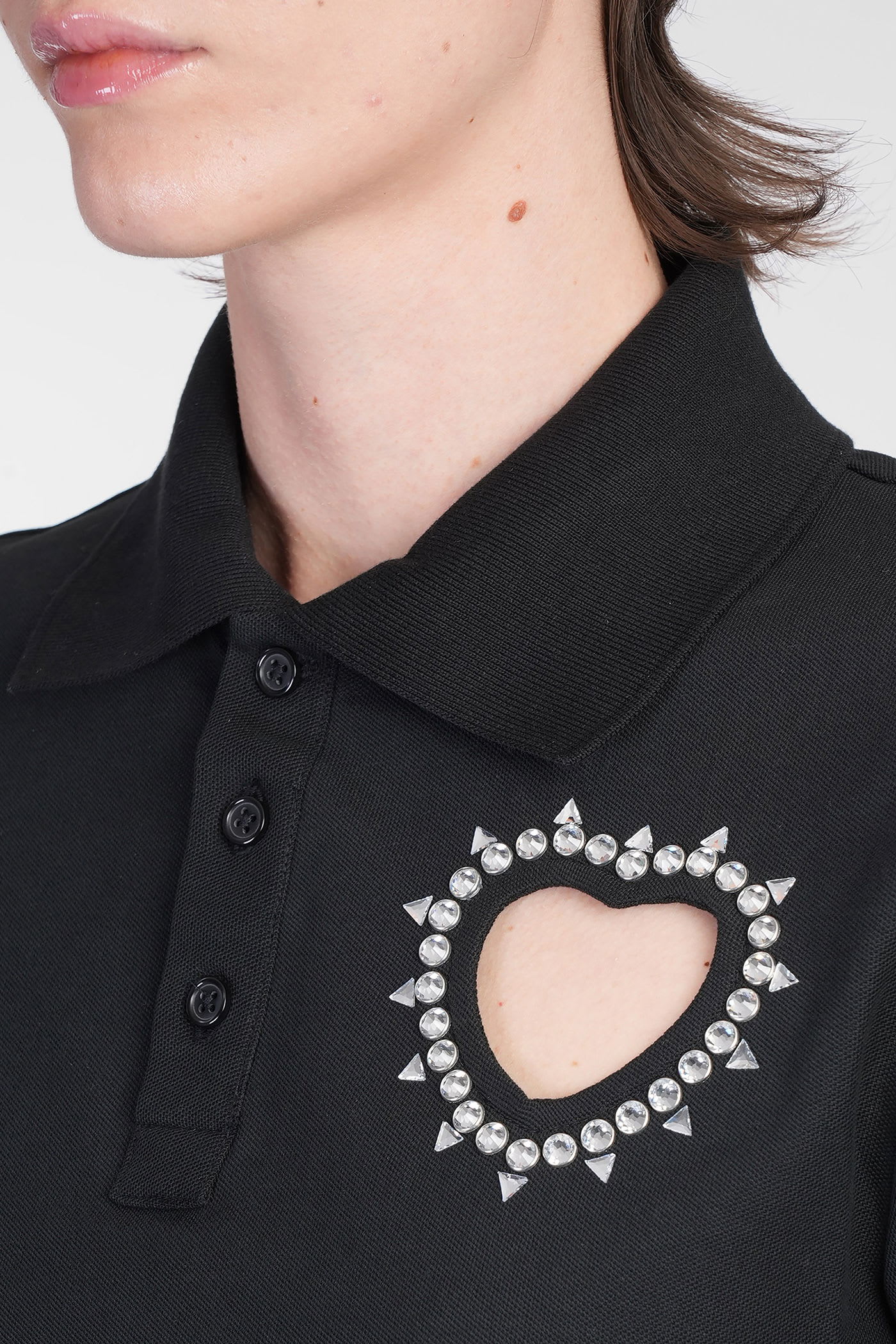 Area Black Crystal Heart Cutout Cropped Polo