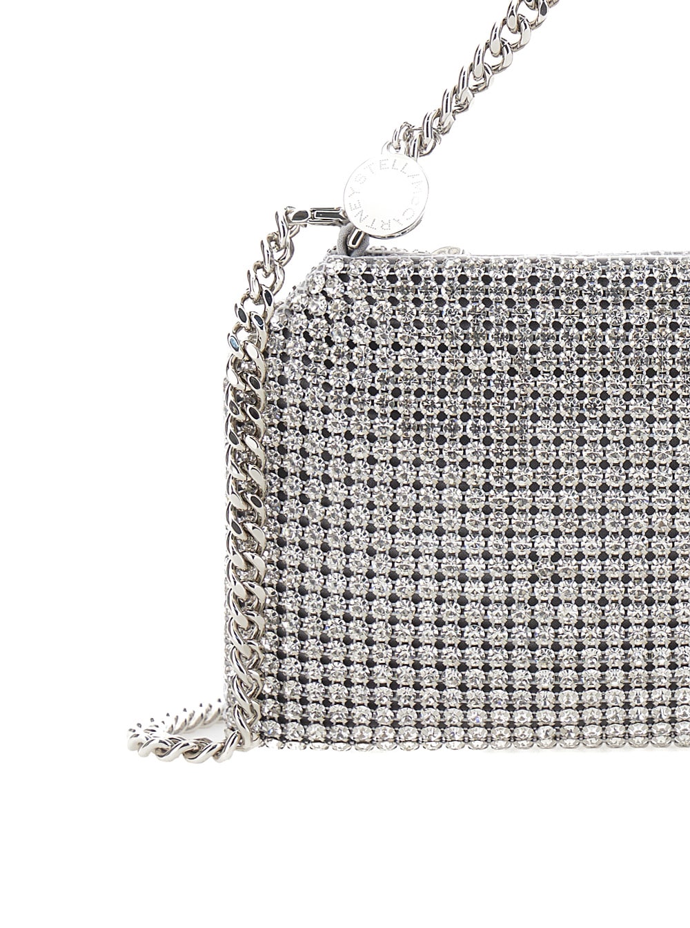 Shop Stella Mccartney Falabella Silver Shoulder Bag With Logo Charm And Crystals In Mesh Woman In Grey