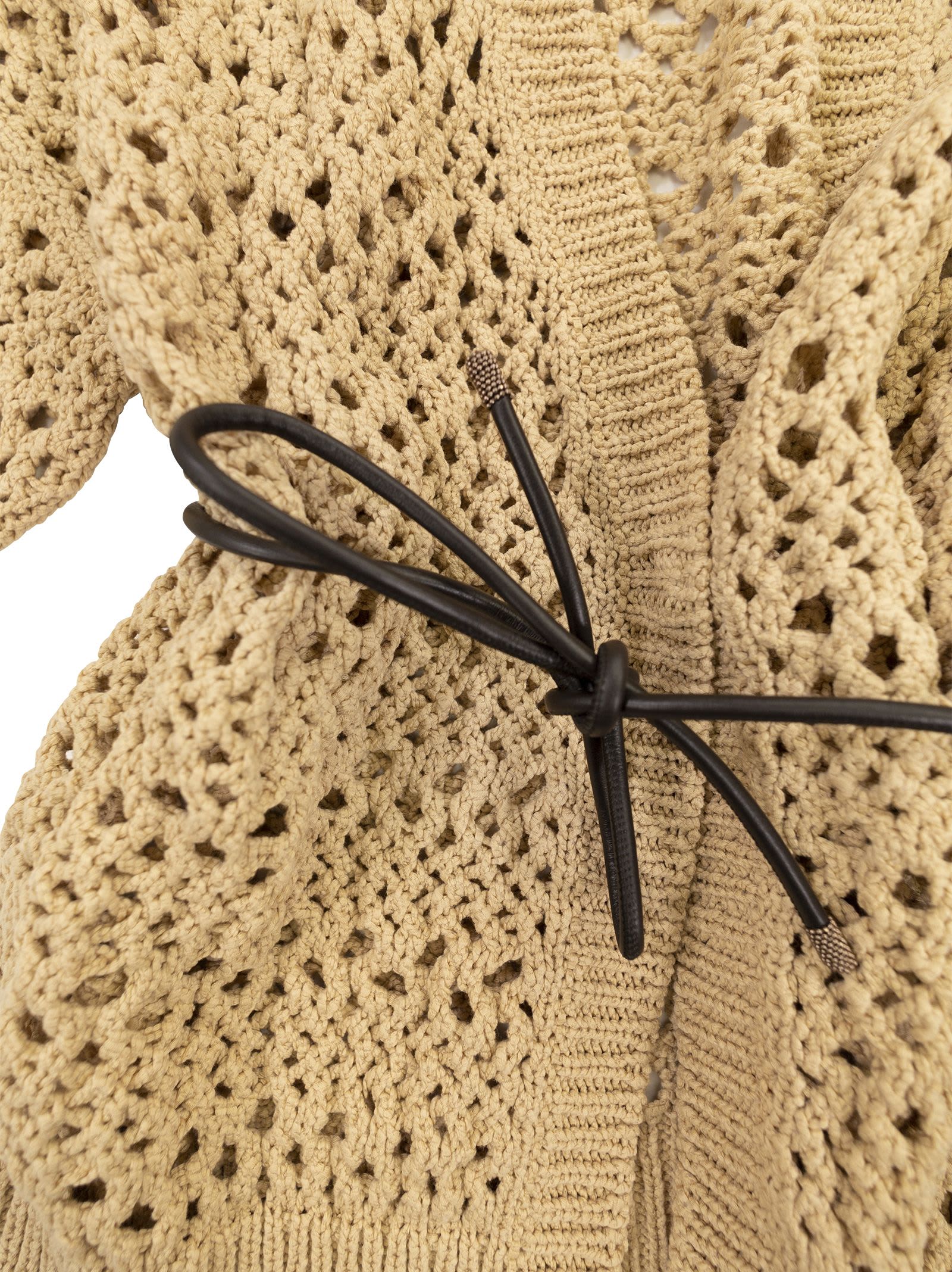 Shop Brunello Cucinelli Net Cotton Cardigan With Leather Belt In Ochre
