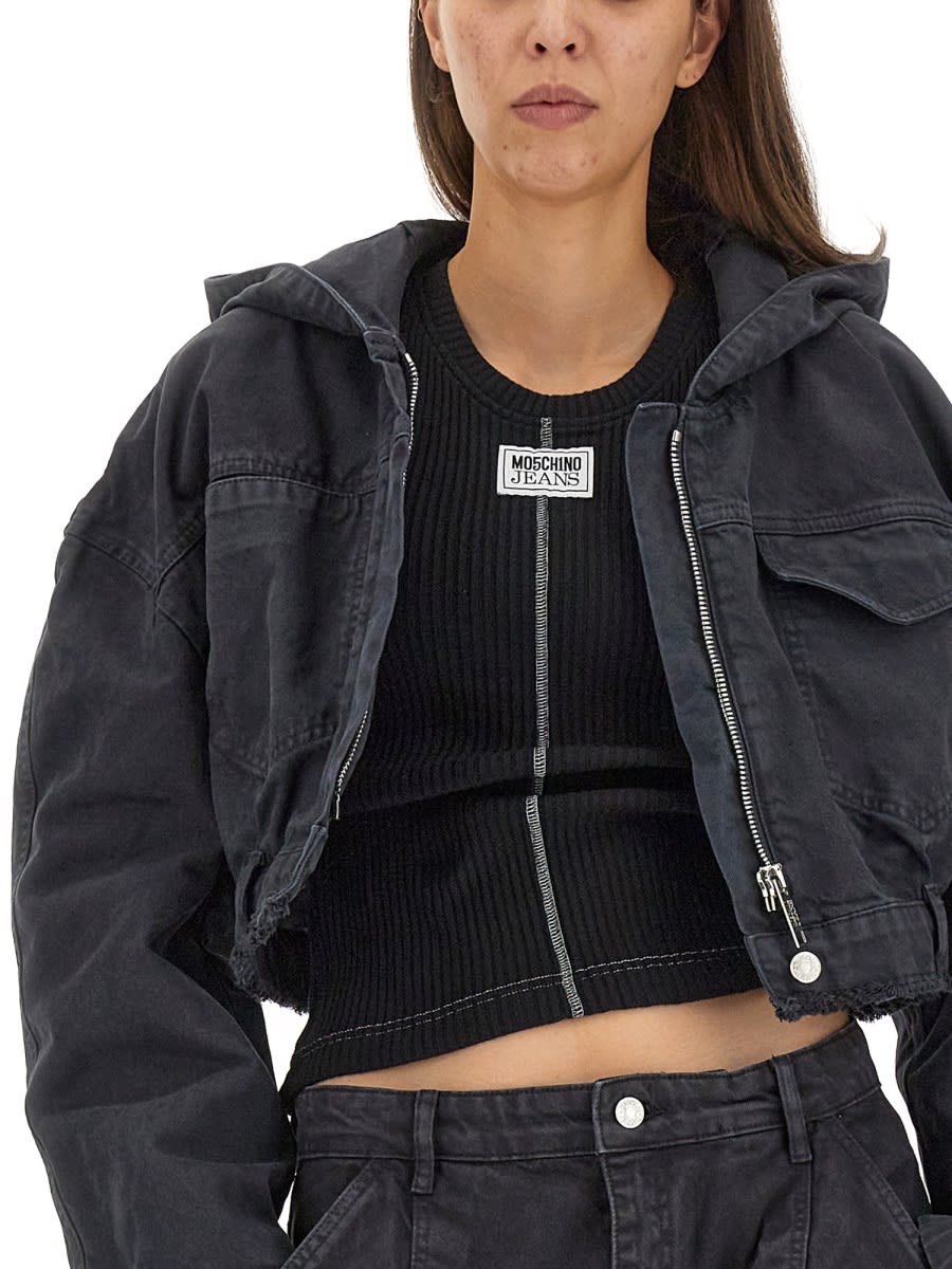 Moschino Short Jacket With Elastic Waistband And Hood In Black