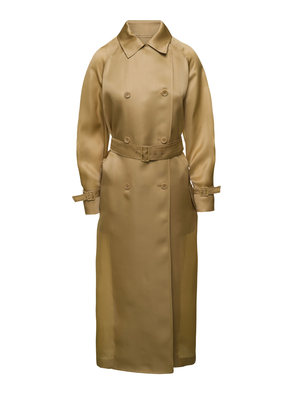 Max Mara Long Coat With Belted Waist And Notched Lapels In Beige