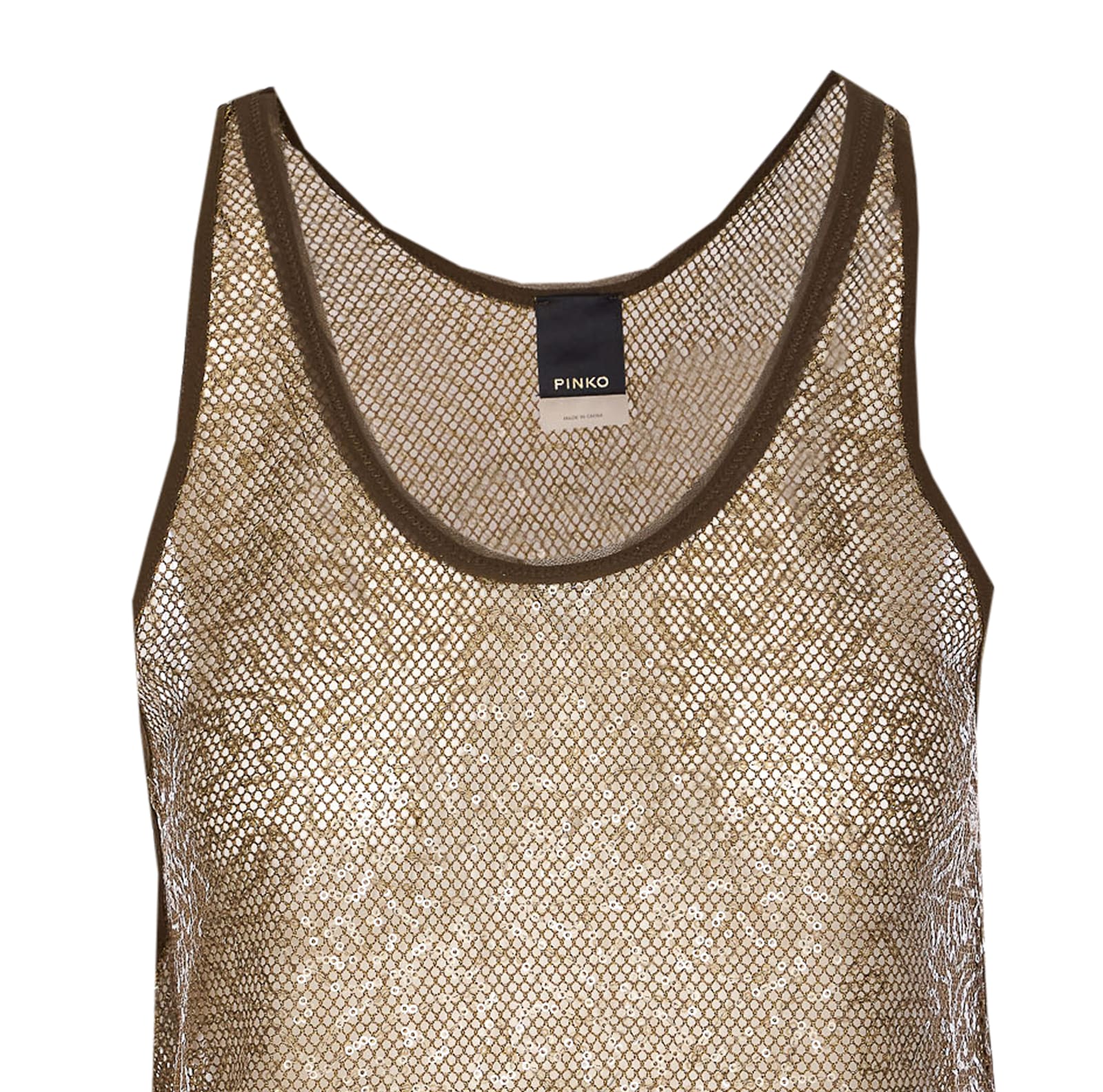 Pinko Crewneck Sleeveless Sequin Embellished Top In Oliva Militare