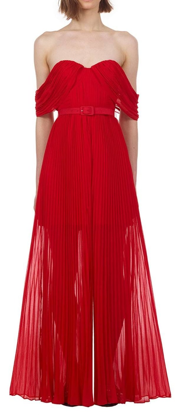 self portrait red off shoulder jumpsuit