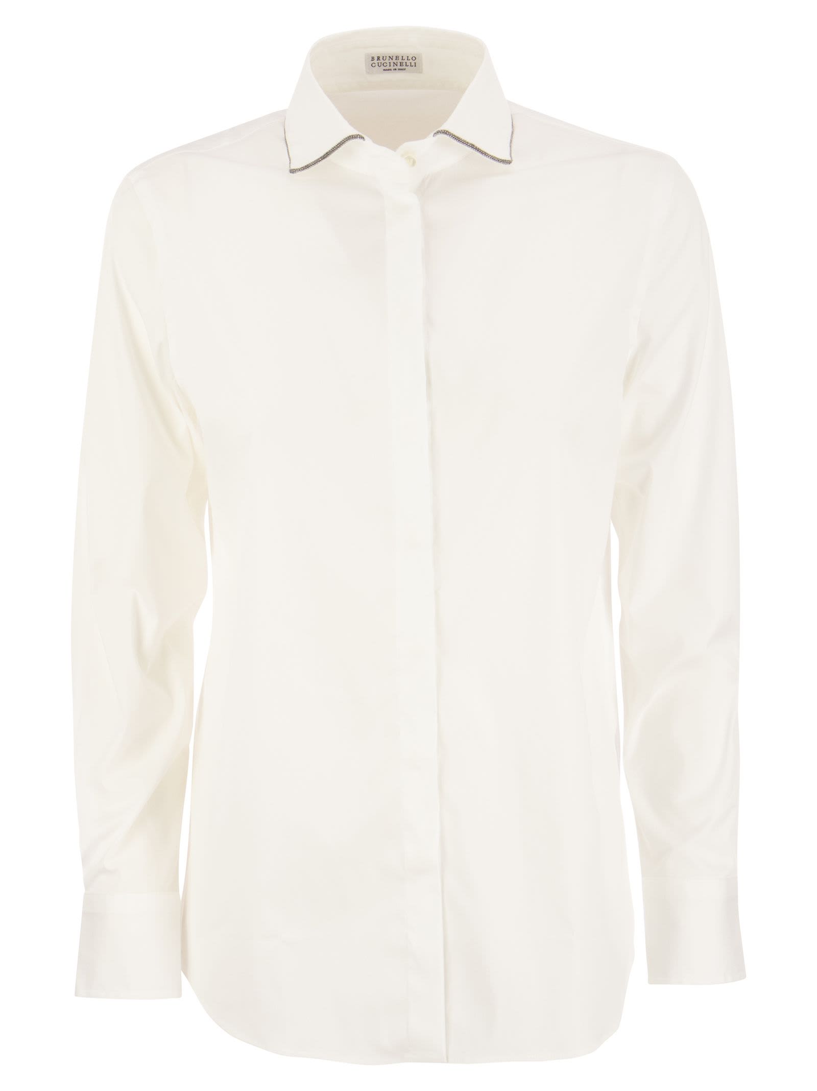 BRUNELLO CUCINELLI STRETCH COTTON POPLIN SHIRT WITH SHINY COLLAR TRIM