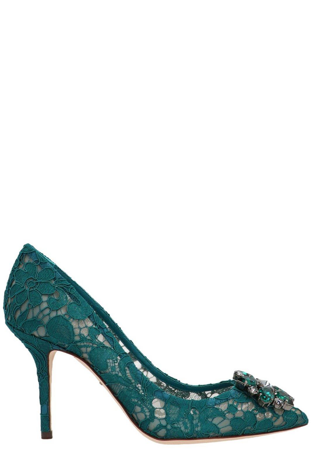 Embellished Pointed Toe Lace Pumps