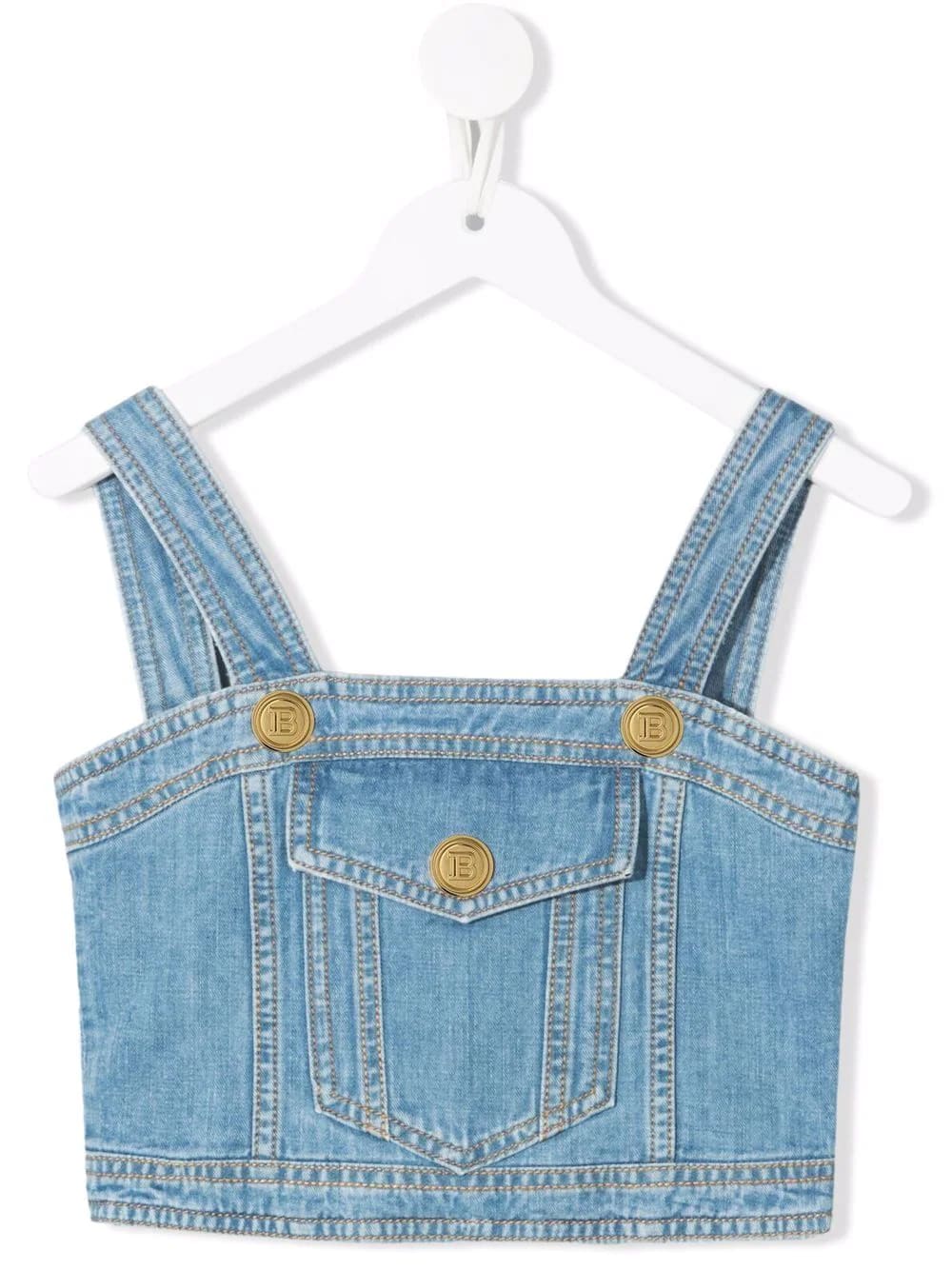 Balmain Kids Crop Top In Light Blue Denim With Gold Embossed Buttons