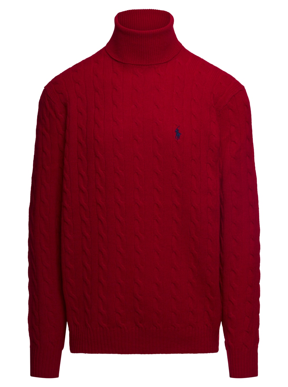 Red Turtleneck In Cable Wool And Cashmere Knit With Contrast Logo Embroidery On The Chest Polo Ralph Lauren Man