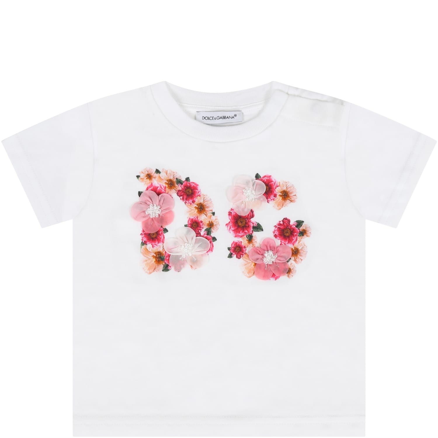 DOLCE & GABBANA WHITE T-SHIRT FOR BABY GIRL WITH FLOWERS,L2JTBL G7XMC HA2AI