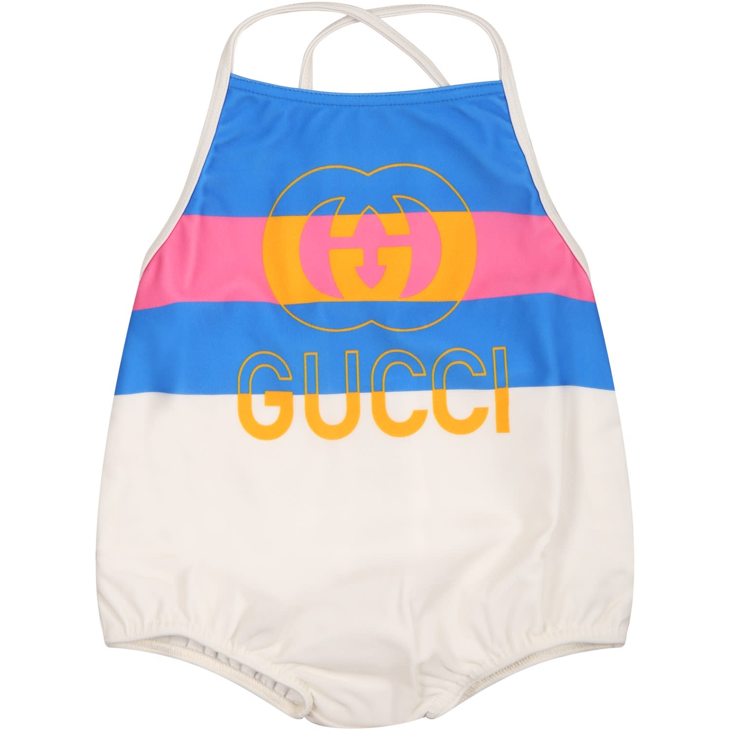 Gucci Ivory Swimssuit For Baby Girl With Vinatge Print And Iconic Double Gg In Multicolor