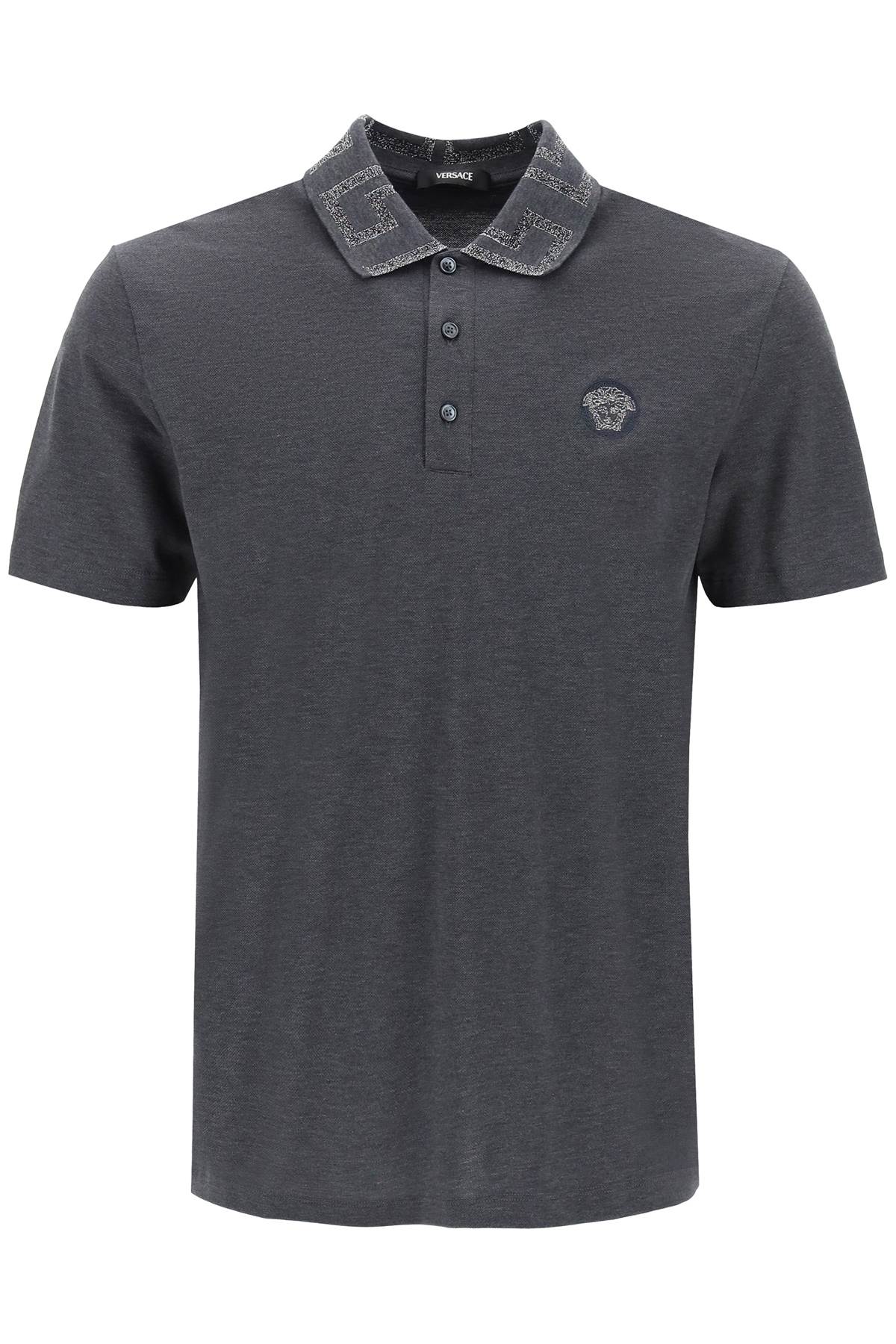 Versace Polo Shirt With Greca Collar In Anthracite (silver)