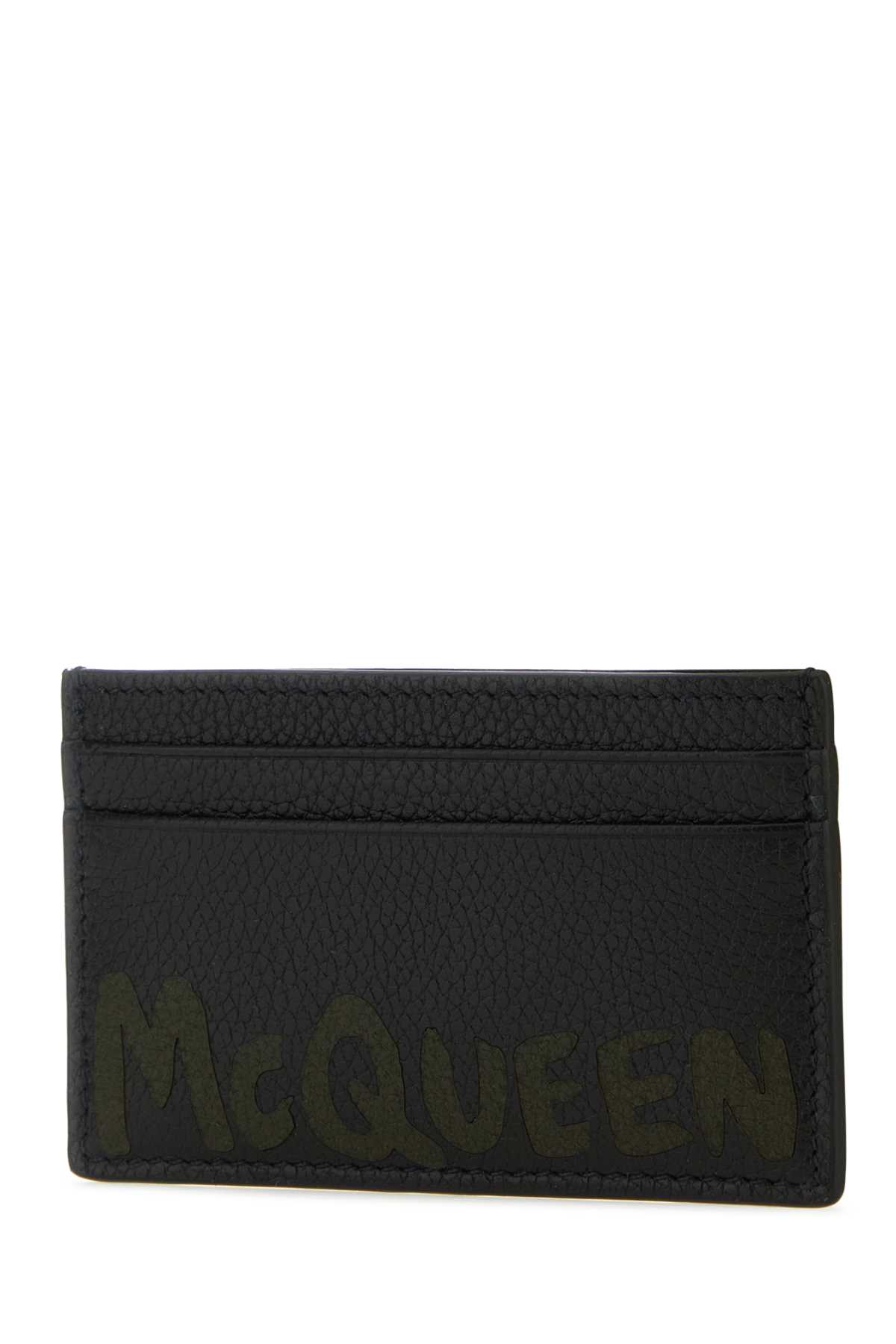 Shop Alexander Mcqueen Black Leather Card Holder In Blackkhaki