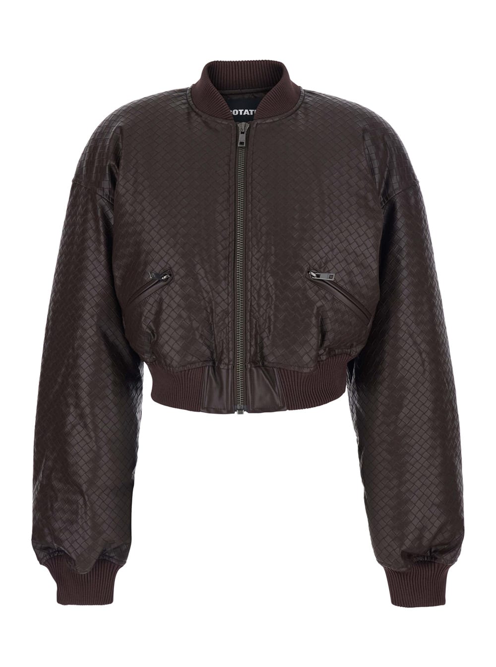 Rotate Birger Christensen Brown Cropped Bomber Bomber Jacket With Bomber Collar And Woven Design In Ecoleather Woman
