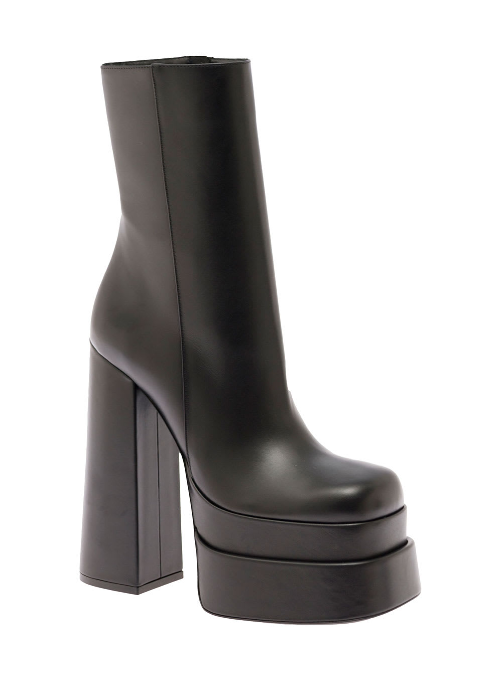 Versace Black Booties In Leather With Platform And High Block Heel Versace Woman