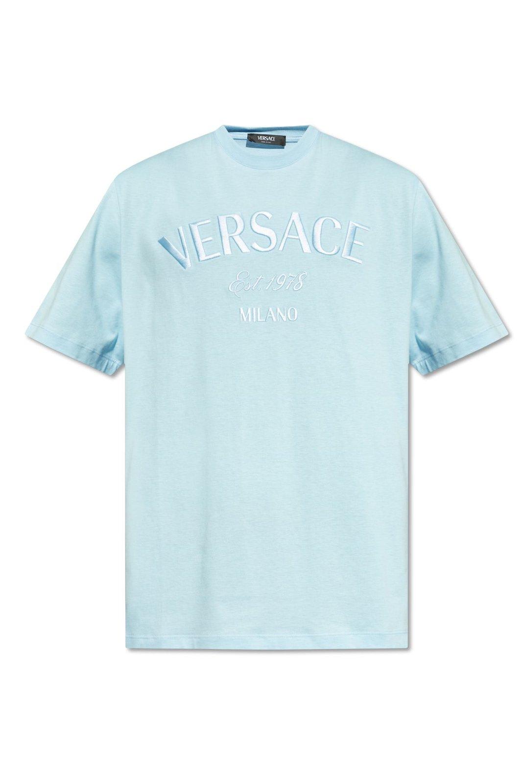 Shop Versace Logo-embroidered Crewneck T-shirt In Azure