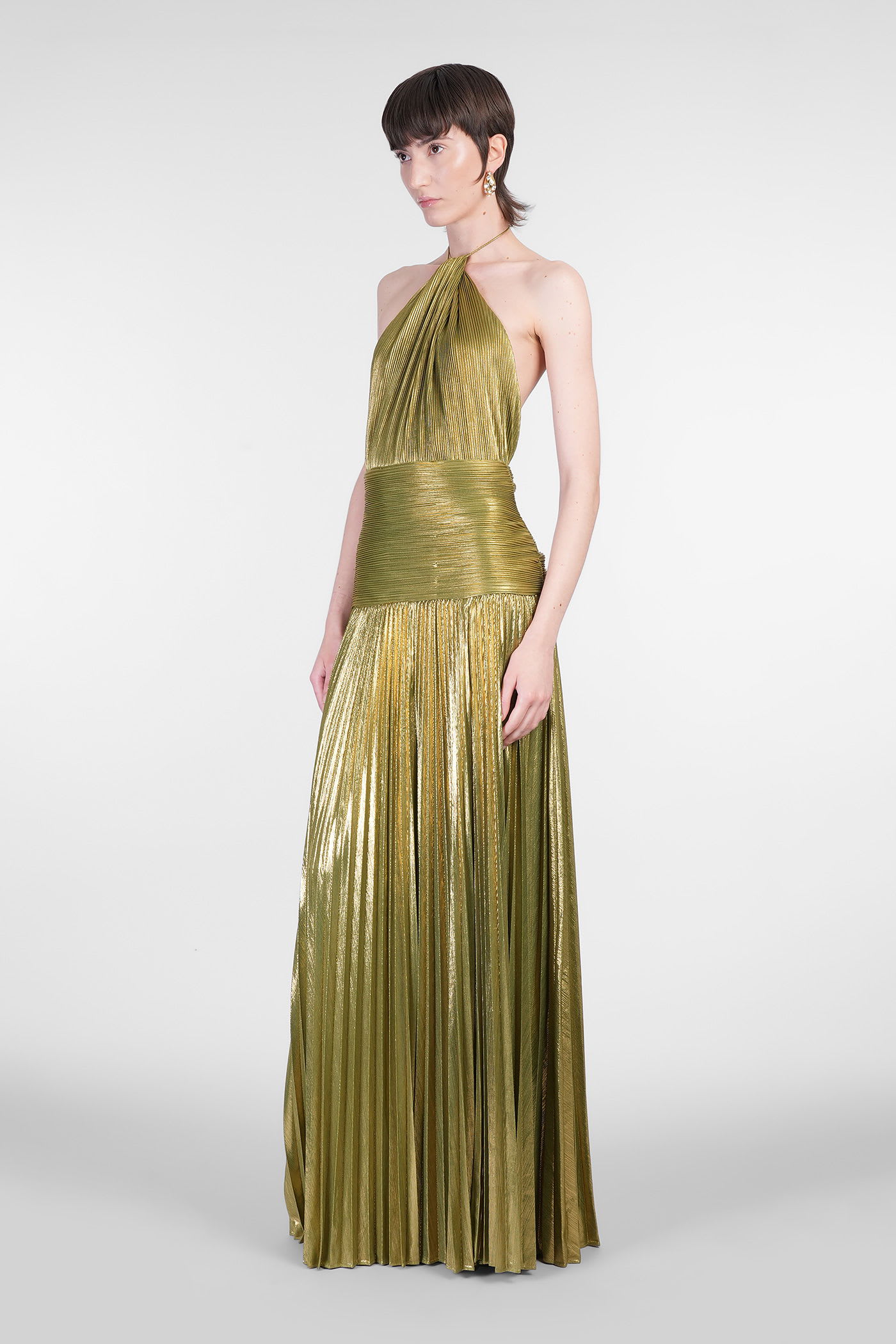 Retroféte Thalia Pleated Metallic Halter Side-slit Drop-waist Maxi Dress