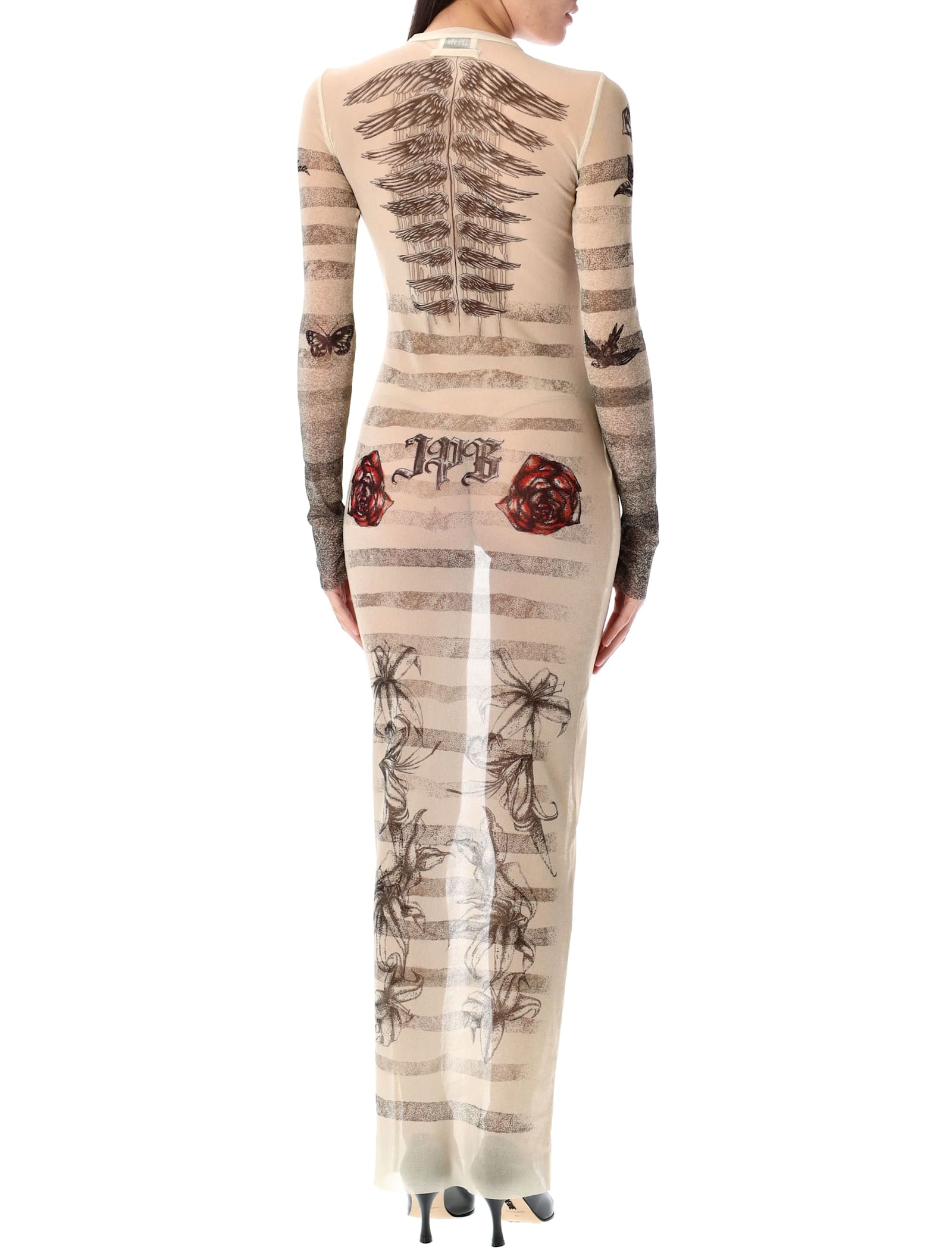 Jean Paul Gaultier Mesh Tatoo Mariner Long Dress In Ecru Black Red