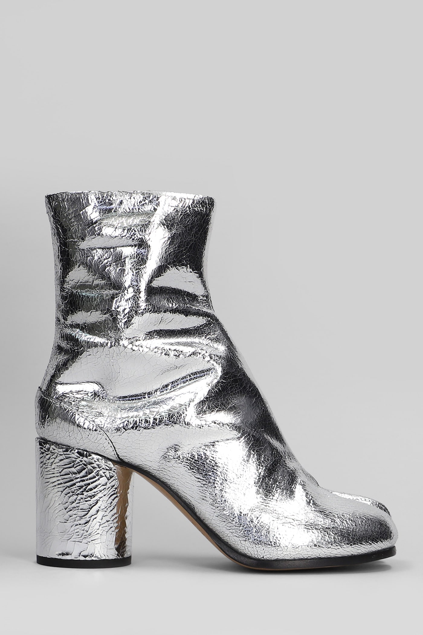 MAISON MARGIELA TABI HIGH HEELS ANKLE BOOTS IN SILVER LEATHER 