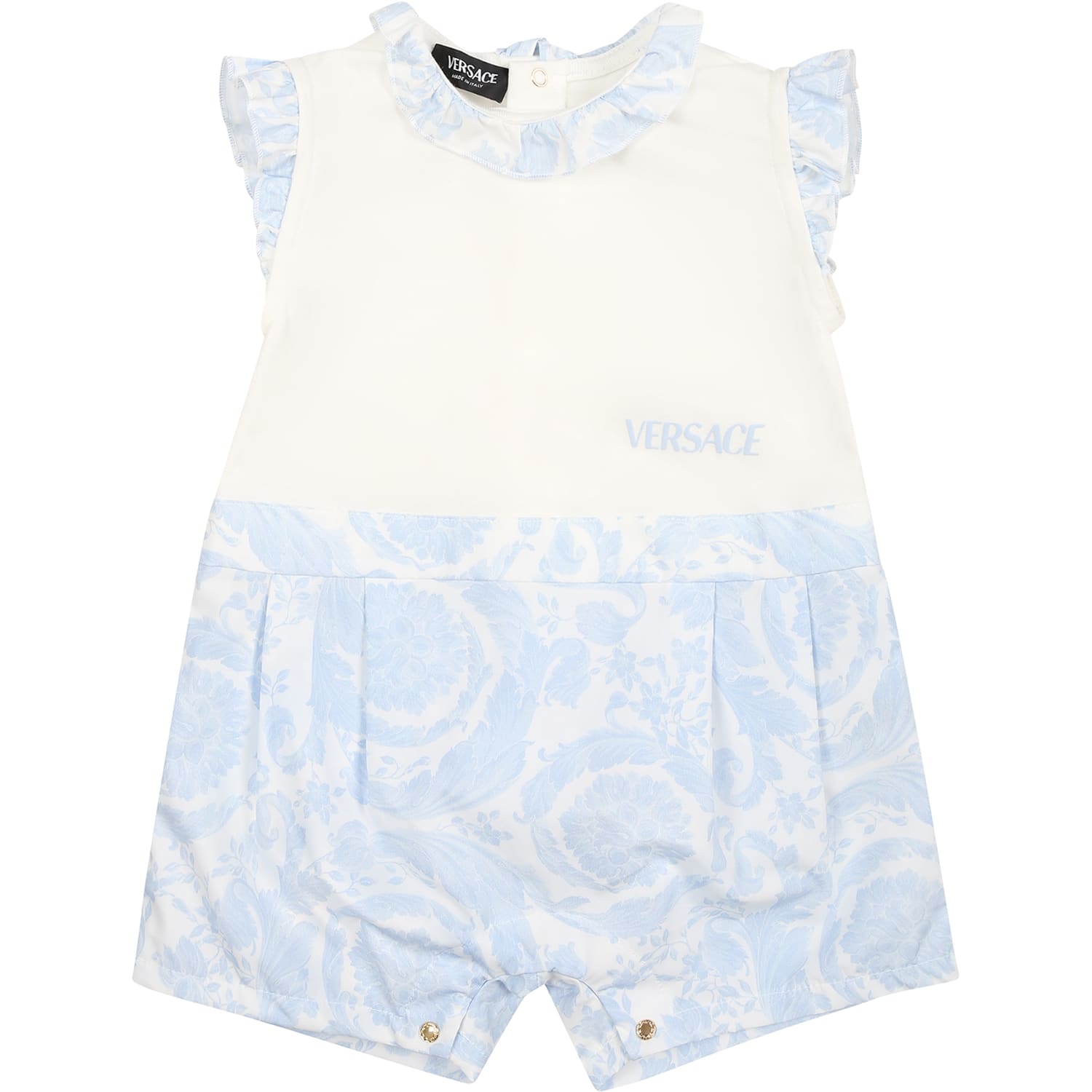 Versace Light Blue Romper For Babies With Baroque Print