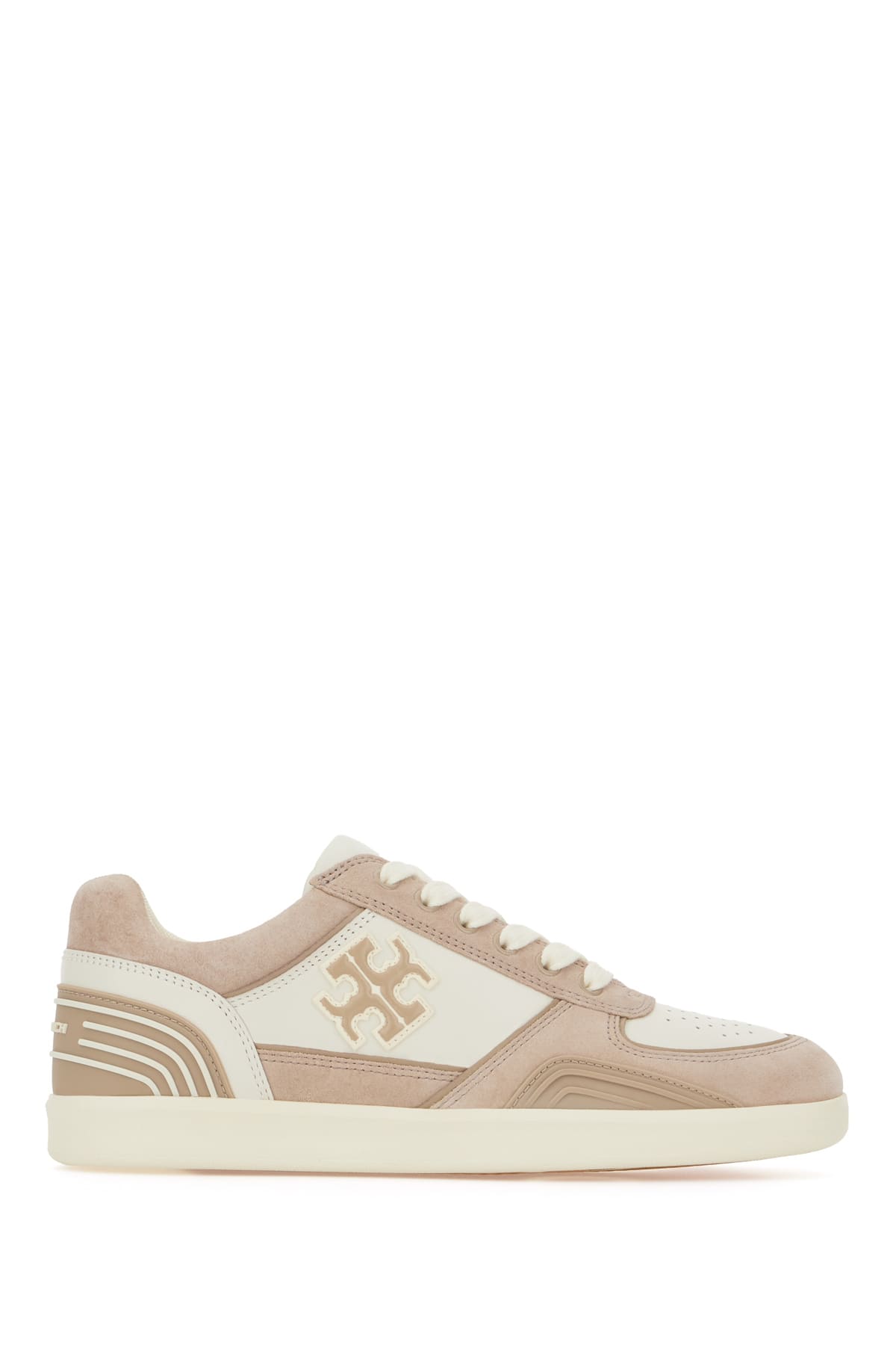 Shop Tory Burch Two-tone Nappa Leather And Suede Clover Court Sneakers In New Ivory Cerbiatto