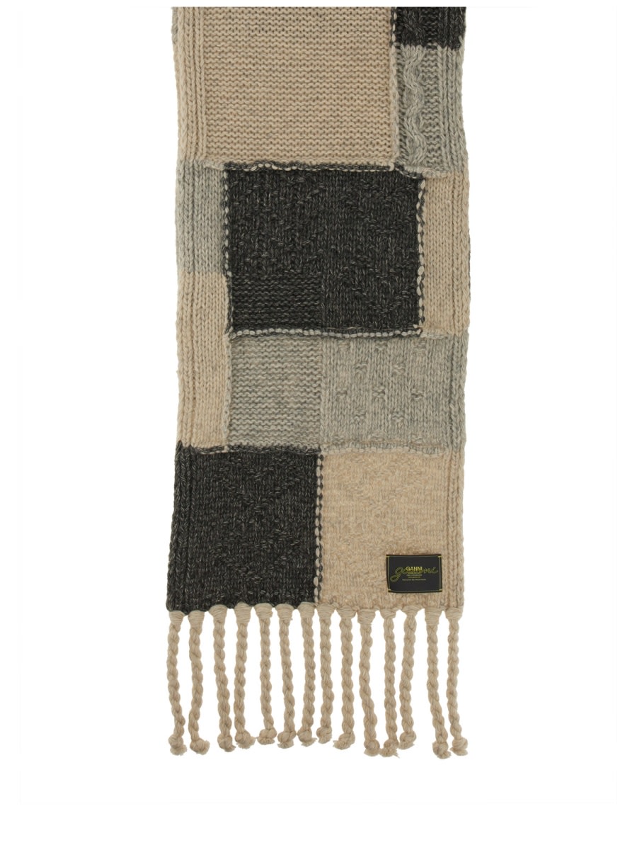 Ganni Women Wool And Cotton Plaid Scarf In Gray