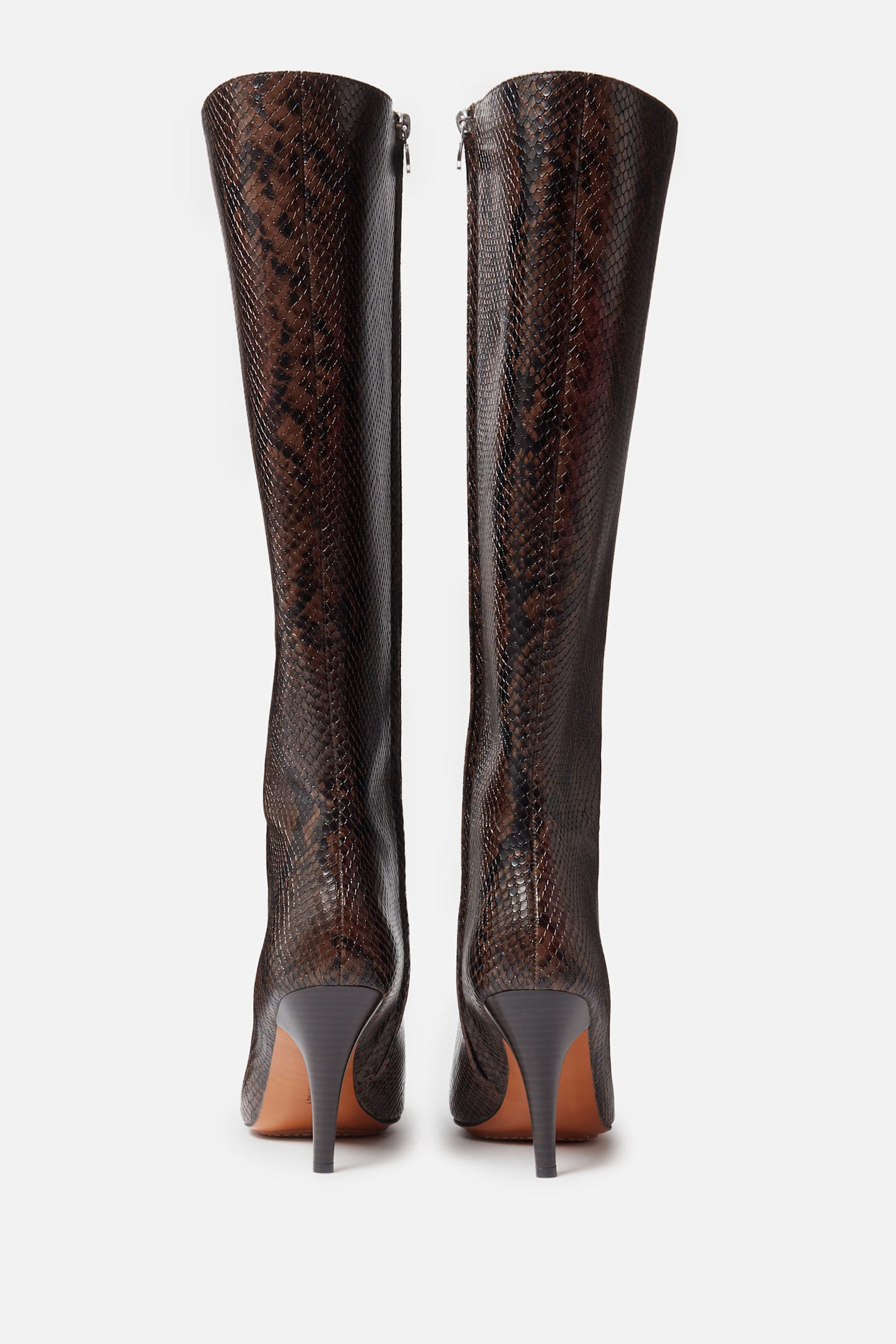 Stella Mccartney Knee-high Snake-effect Boots With Stiletto Heel And Squared Toe In Brown