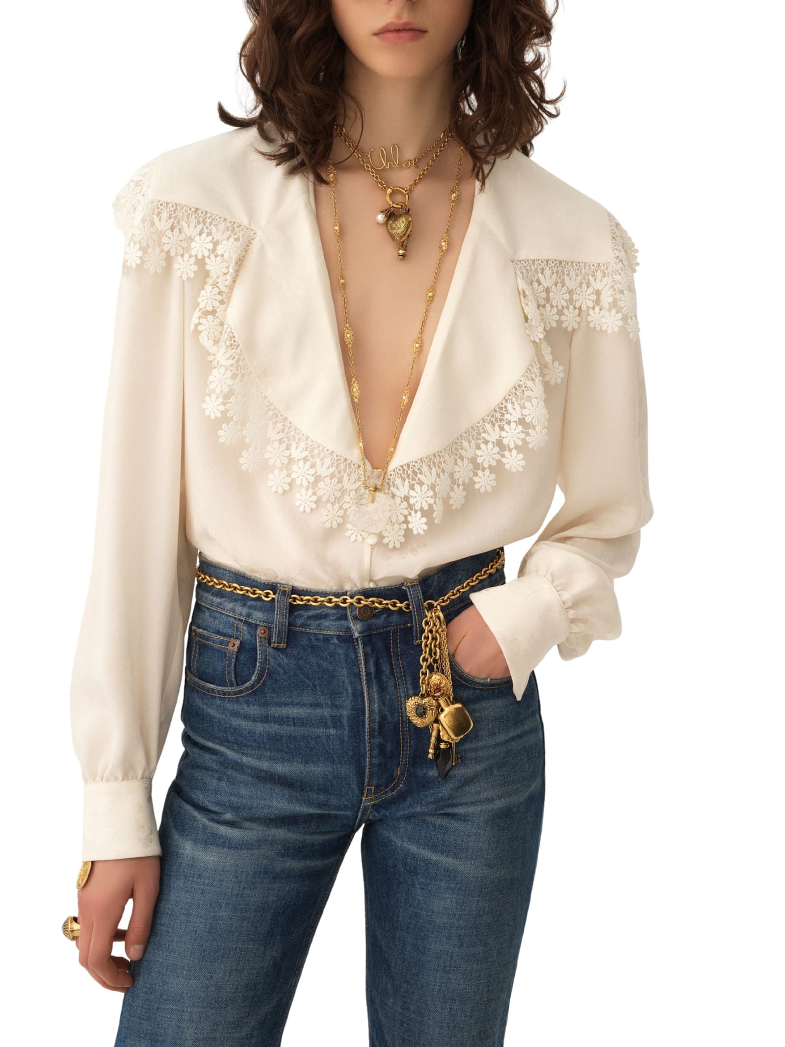 Chloé Blouse Col Oversize En Soie Jacquard Et Dentelle In White