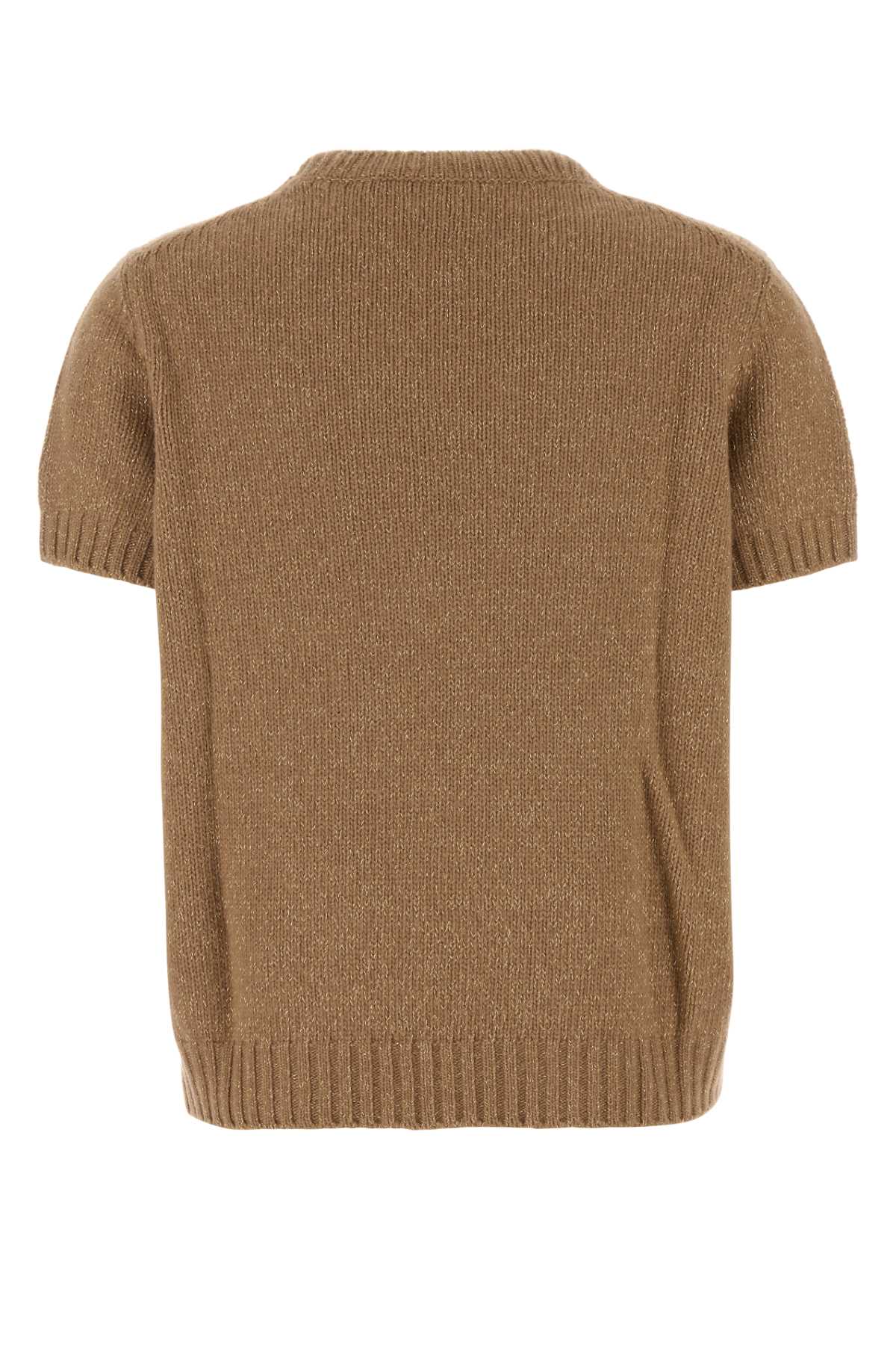 Prada Short Sleeve Crew Neck Ribbed Hem Sweater In Cammello+oro