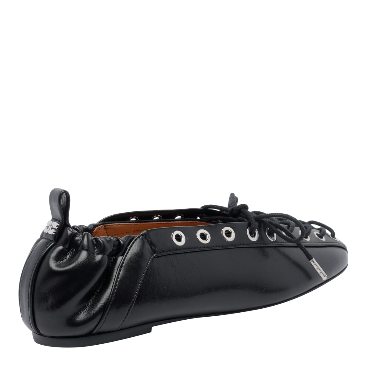 Ganni Black Lace-up Ballerinas With Metal Eyelets And Elasticized Ankle In Eco-leather Woman In Black