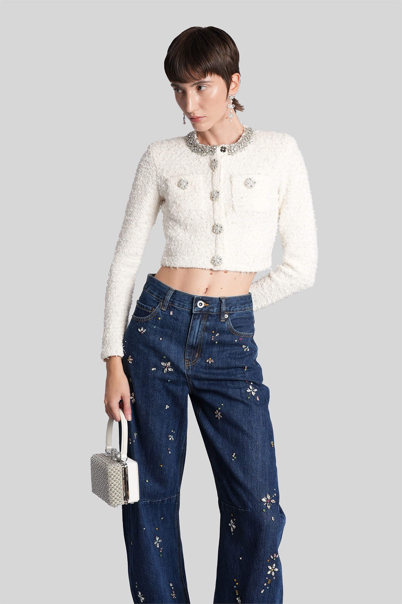 Self-portrait Cardigan In White Cotton In Multi