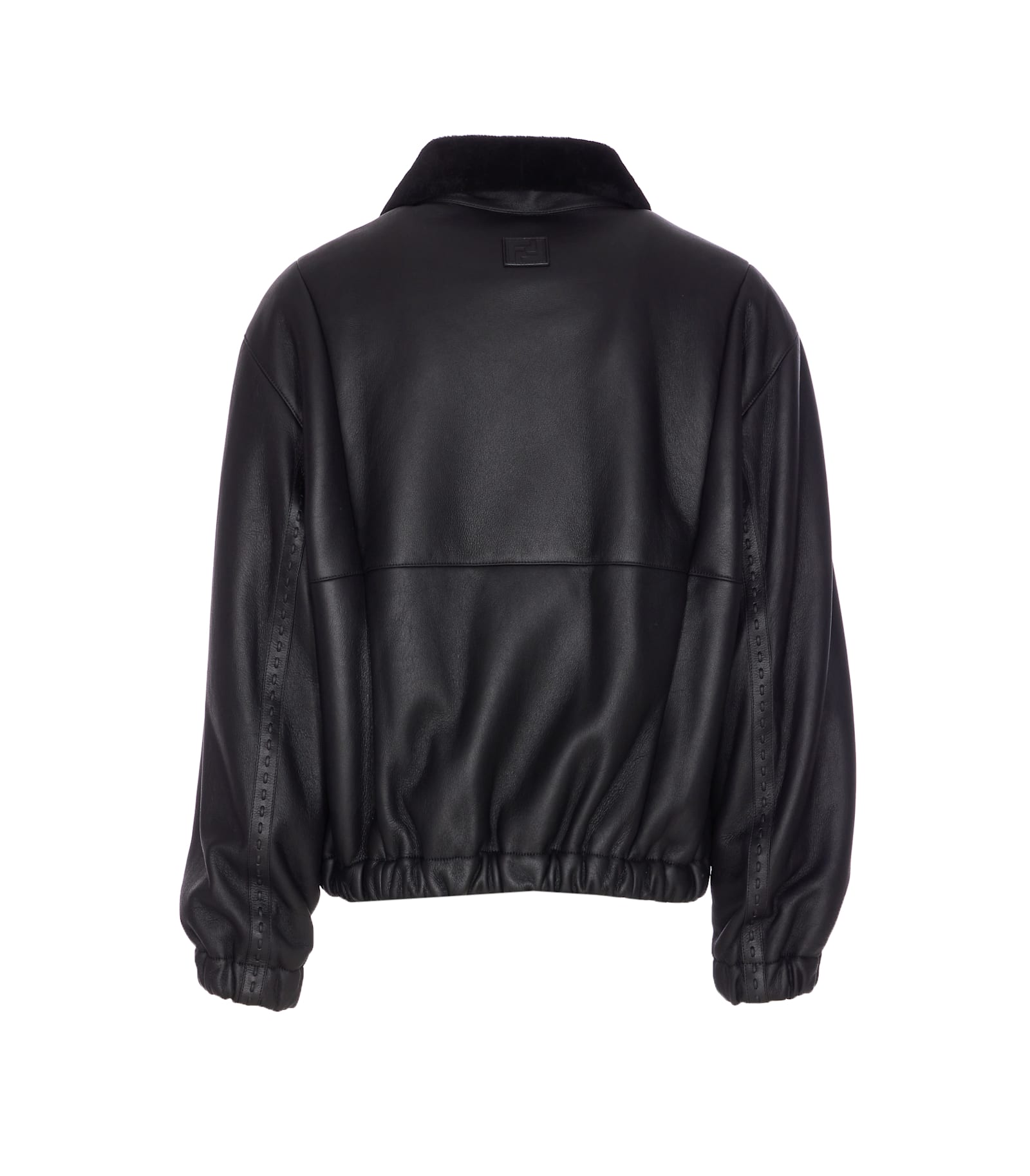 Fendi Men Black Shearling Jacket With Dropped Shoulders And Ff Patch On The Rear In Leather Man In Black