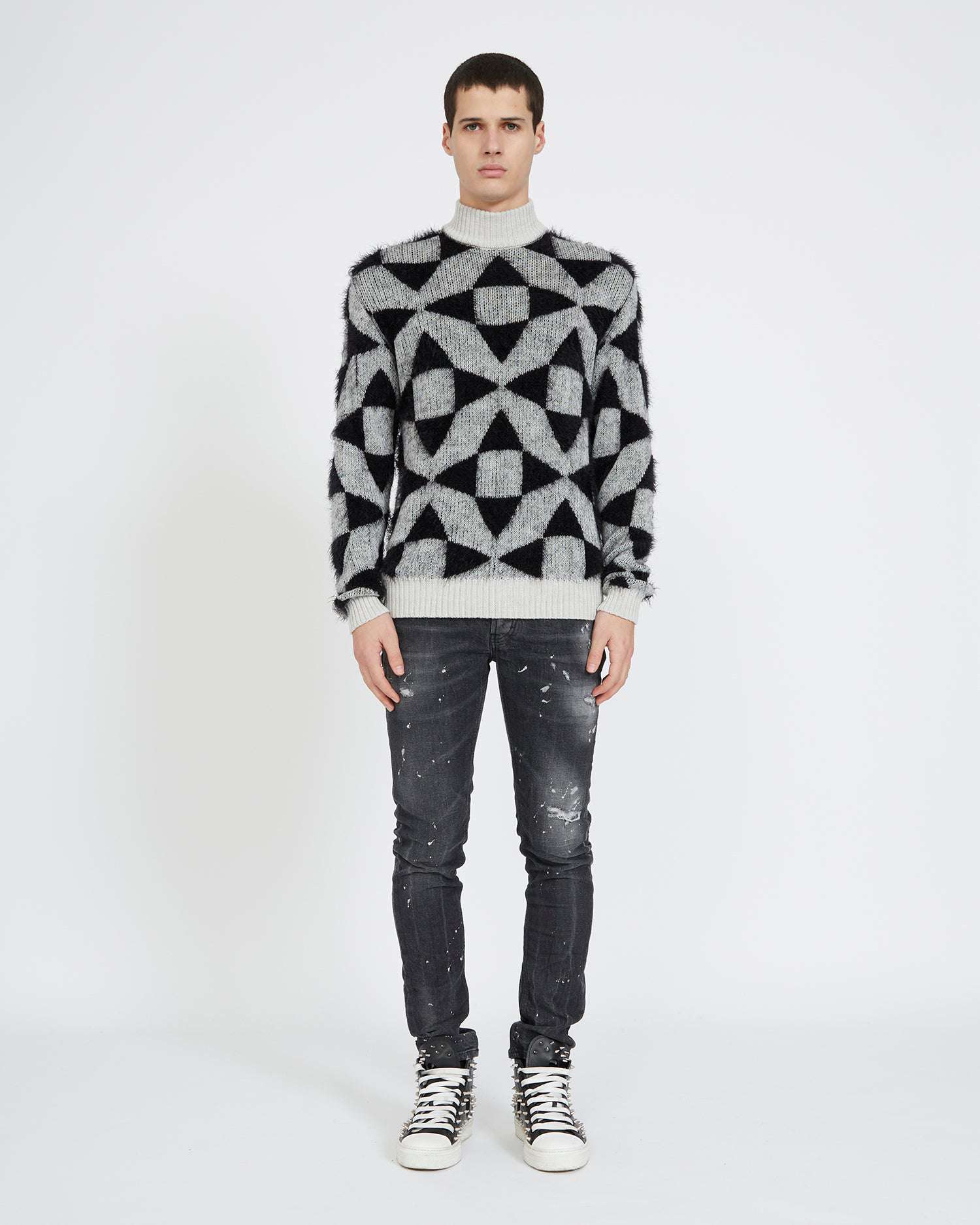 Shop John Richmond Half High-neck Sweater With Front Print. In Bianco/nero