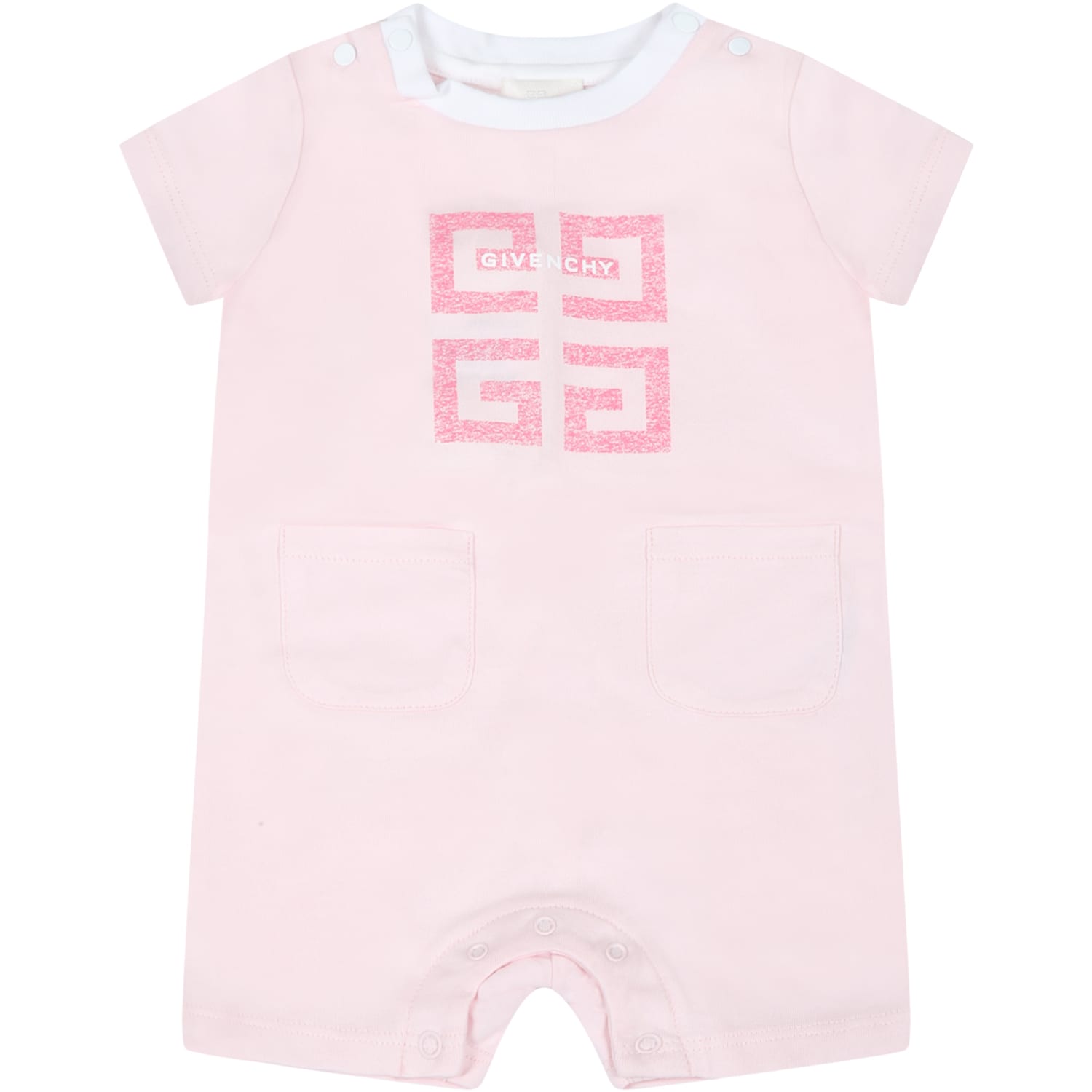 Givenchy Pink Romper For Baby Girl With Fuchsia And White Logo