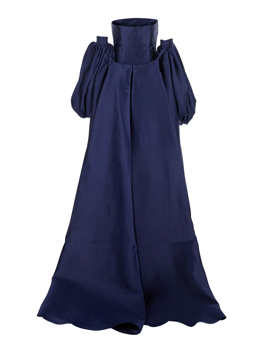Solace London Lea Blue Long Dress With Rear Cape Insert And Train In Tech Fabric Stretch Woman In Blu
