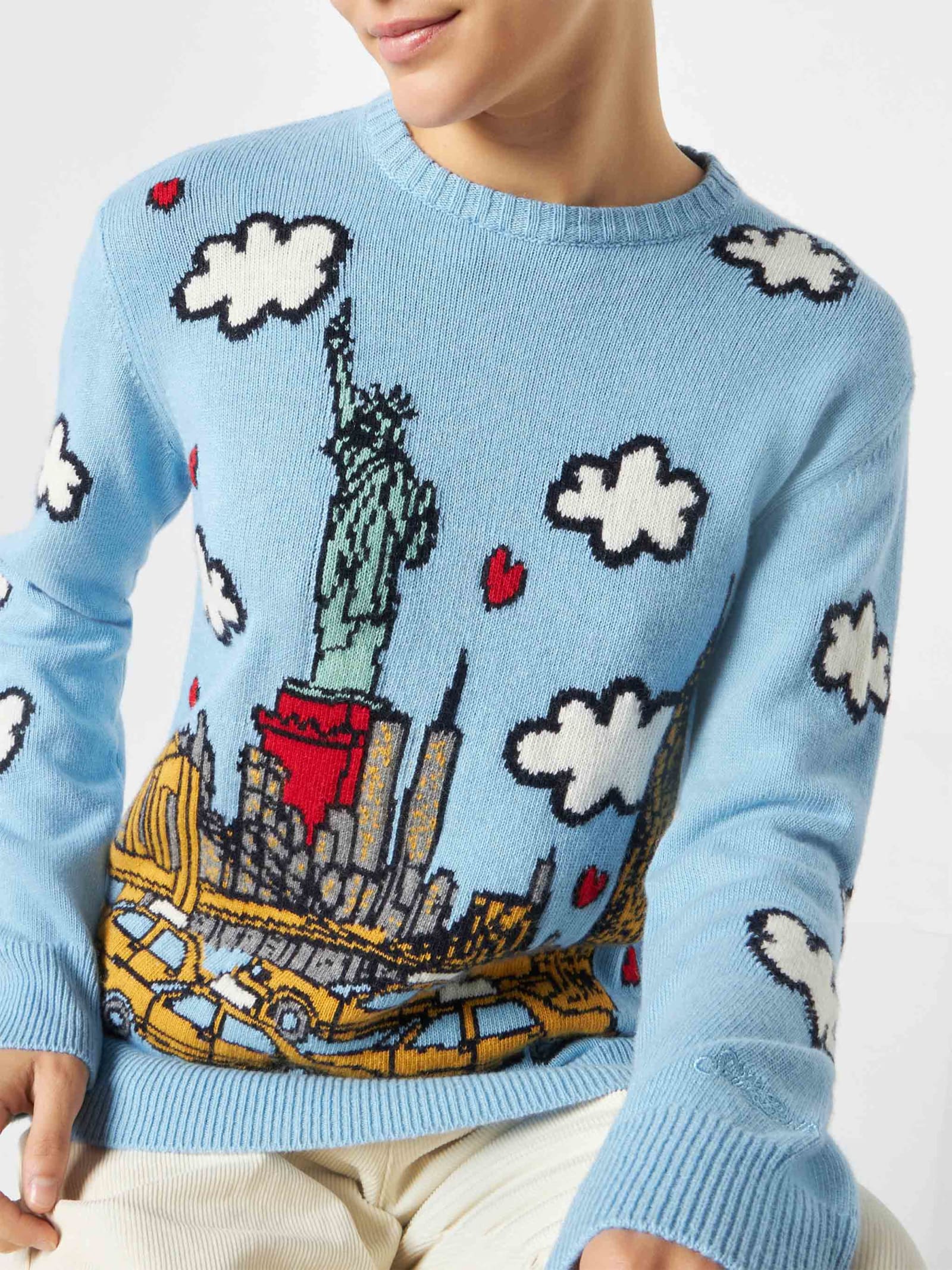 Shop Mc2 Saint Barth Woman Crewneck Sweater With New York Postcard In Sky