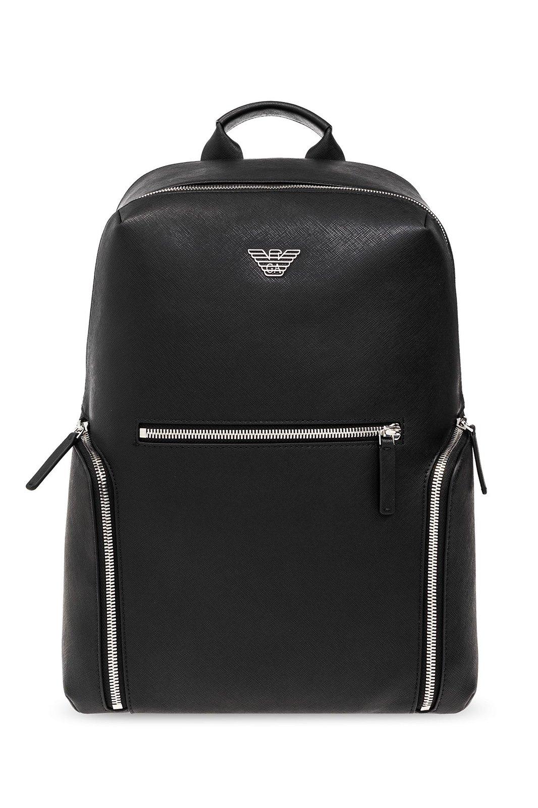 Giorgio Armani Logo Plaque Zipped Backpack  In Black