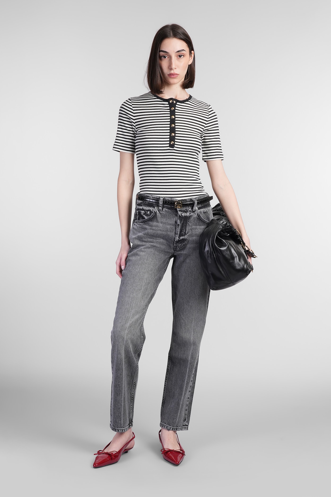 Anine Bing Alessia Striped Stretch-cotton T-shirt In Black