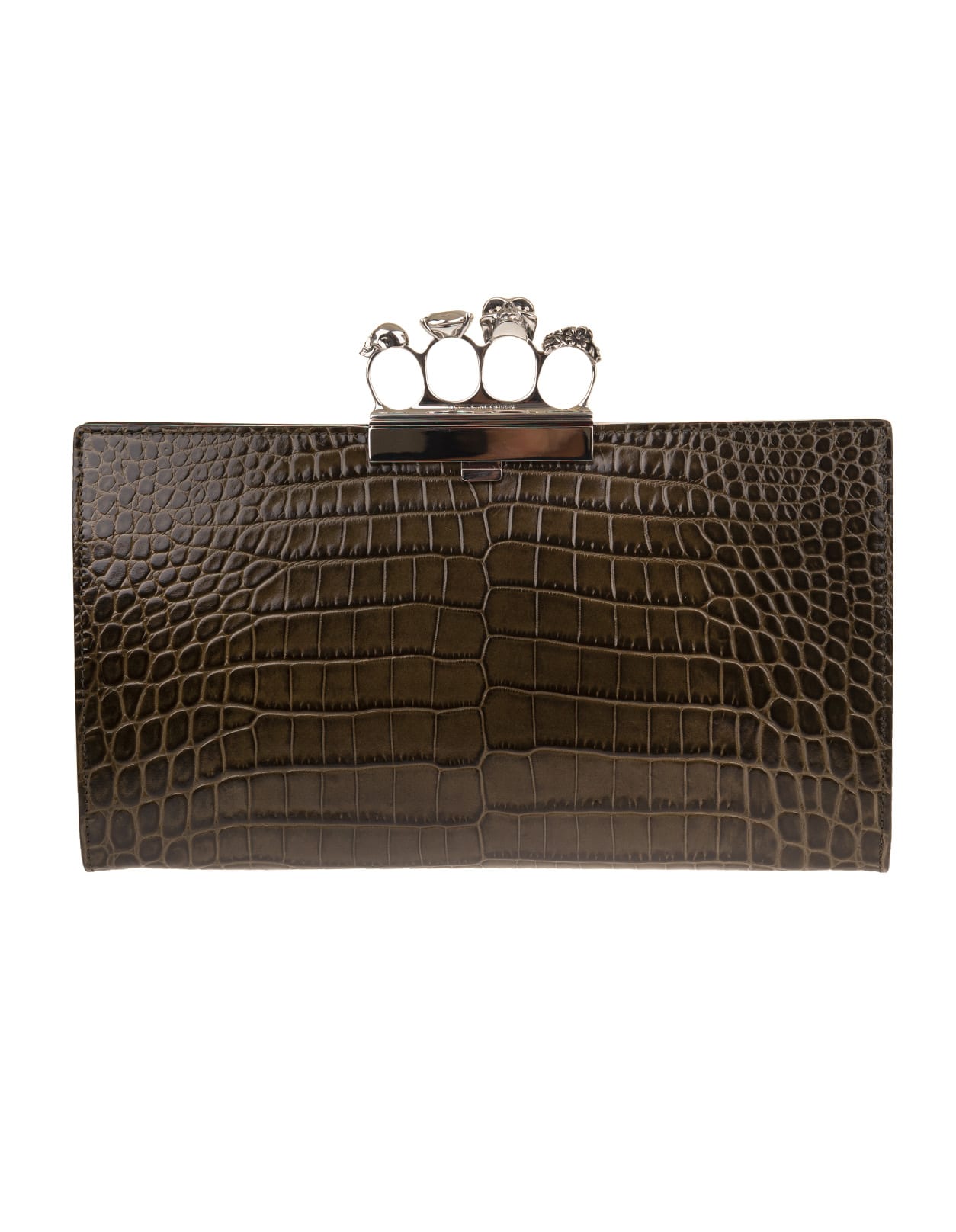 Alexander McQueen Brown Four-ring Skull Flat Clutch With Crocodile Effect