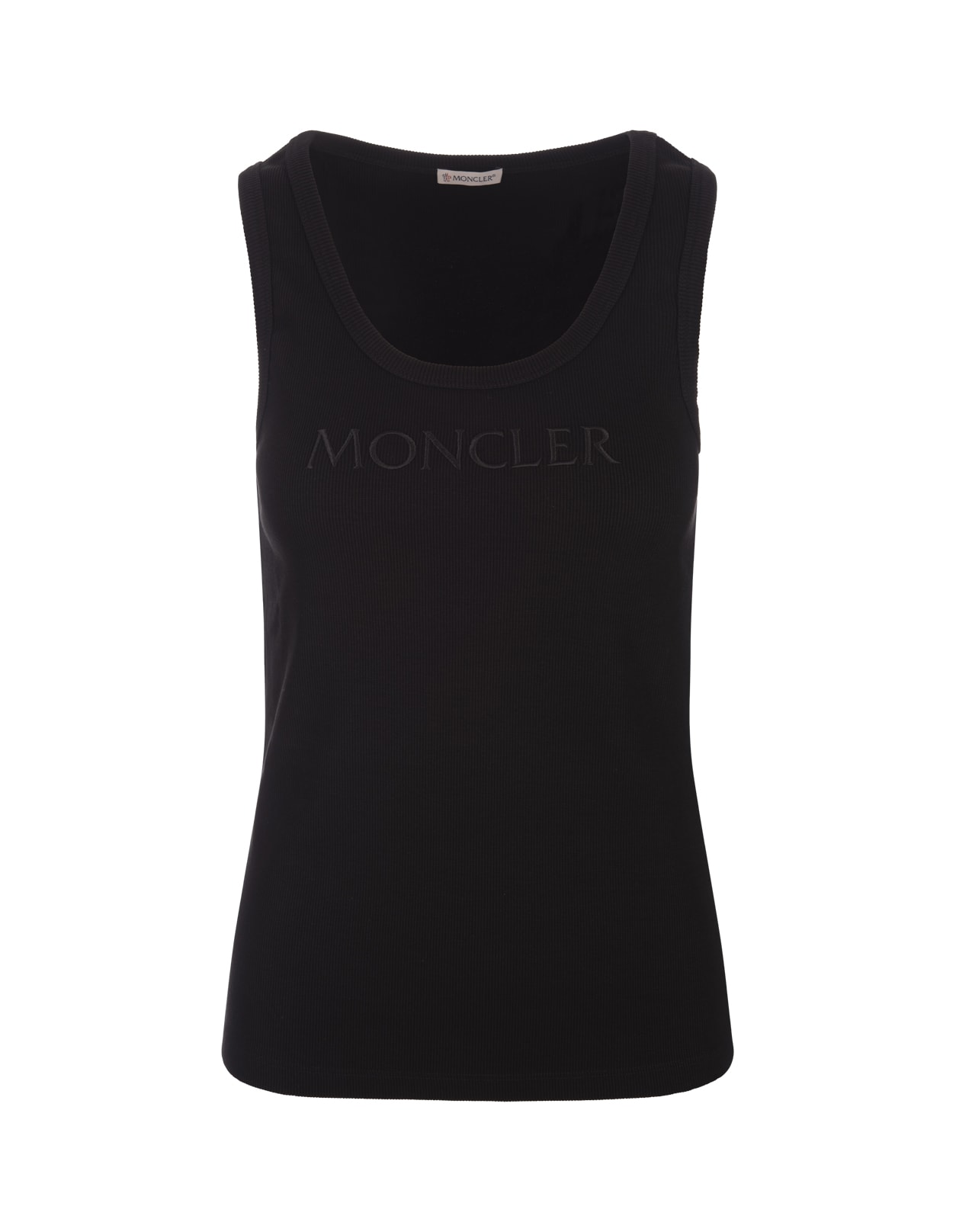 Shop Moncler Black Ribbed Top With Logo In Tone